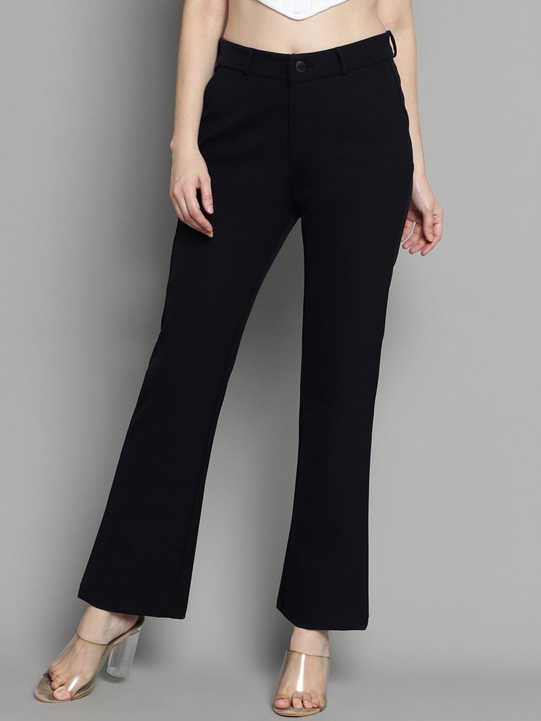Xpose Women Comfort Fit High-Rise Acrylic Bootcut Trousers, Navy blue