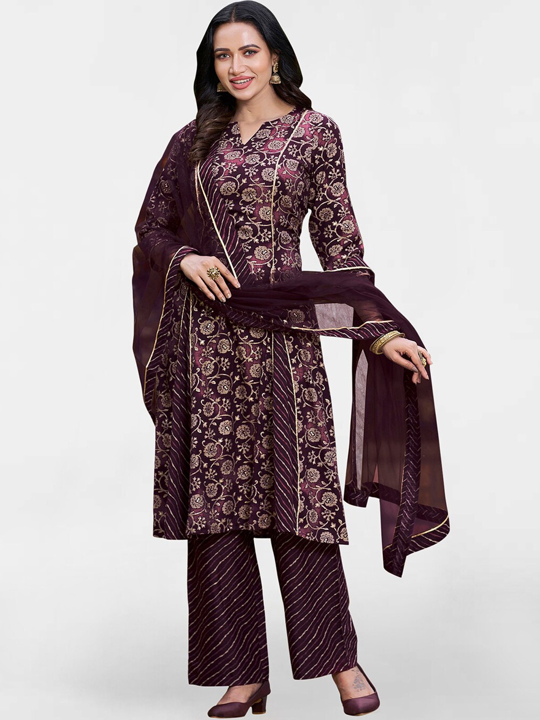 

KALINI Floral Printed Straight Kurta With Trousers & Dupatta, Purple