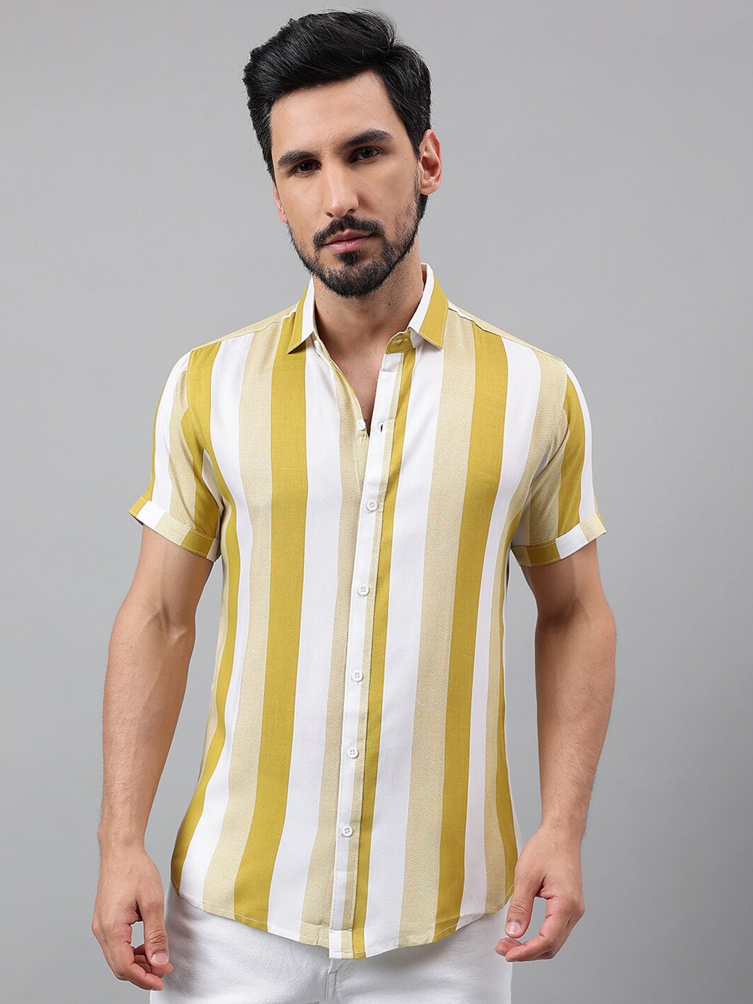 Voroxy New Vertical Stripes Spread Collar Regular Fit Casual Shirt, Yellow