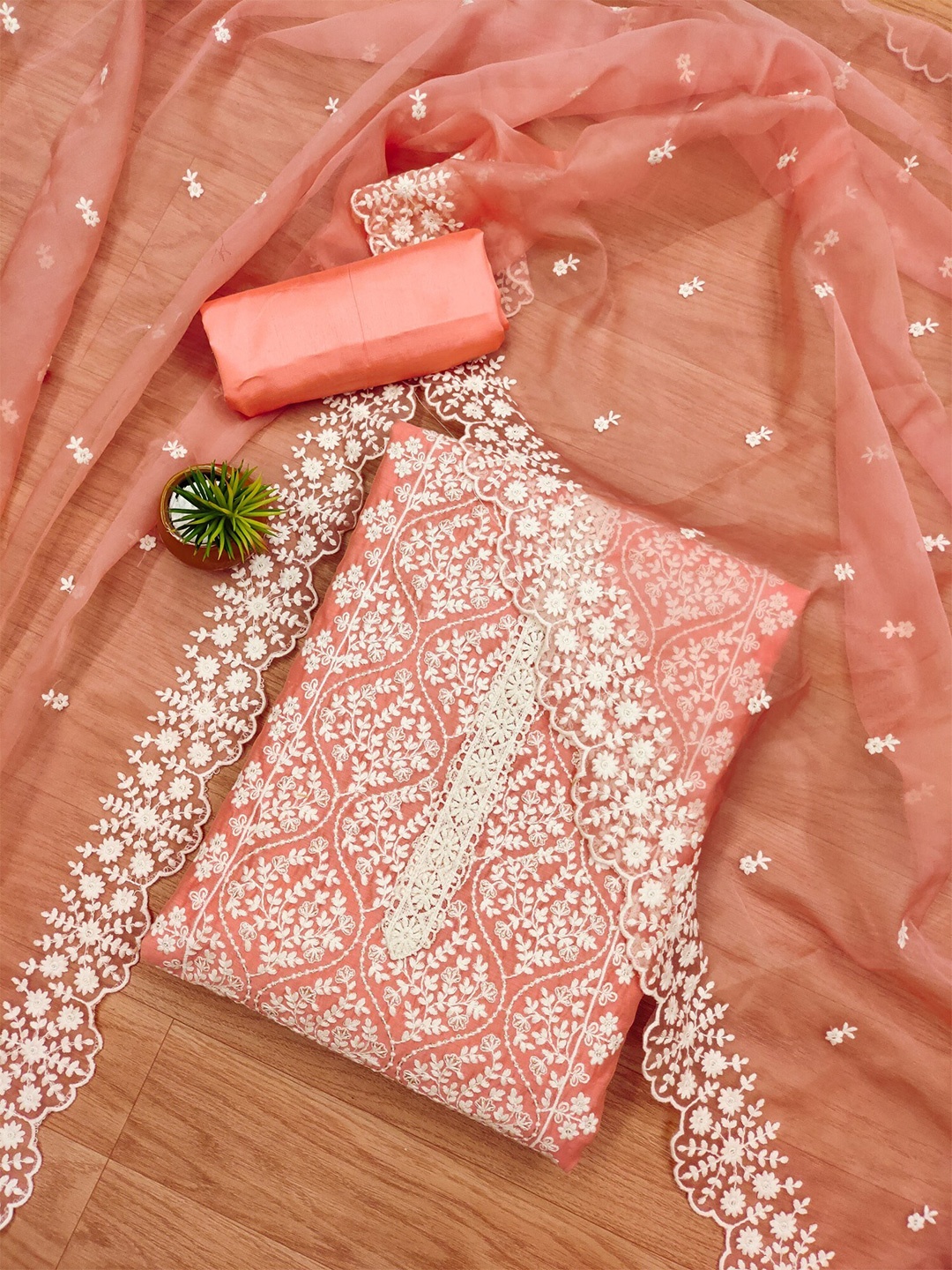 KALINI Floral Embroidered Unstitched Dress Material, Orange