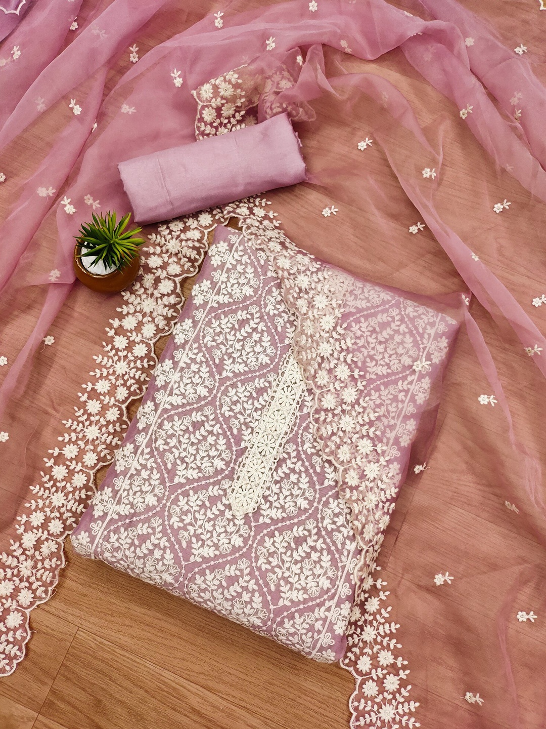 KALINI Floral Embroidered Unstitched Dress Material, Pink