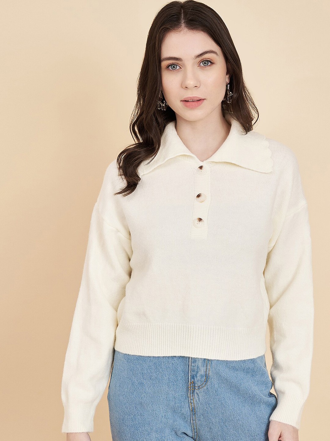 

Chemistry Shirt Collar Drop Shoulder Sleeves Wool Pullover Sweater, Cream