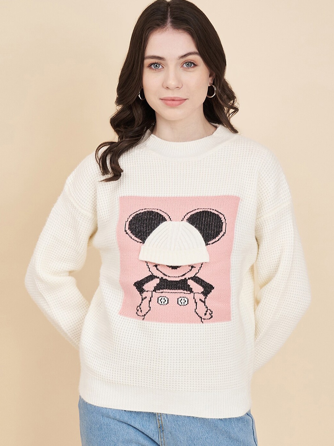 

Chemistry Mickey Mouse Printed Drop Shoulder Sleeves Wool Pullover Sweater, White