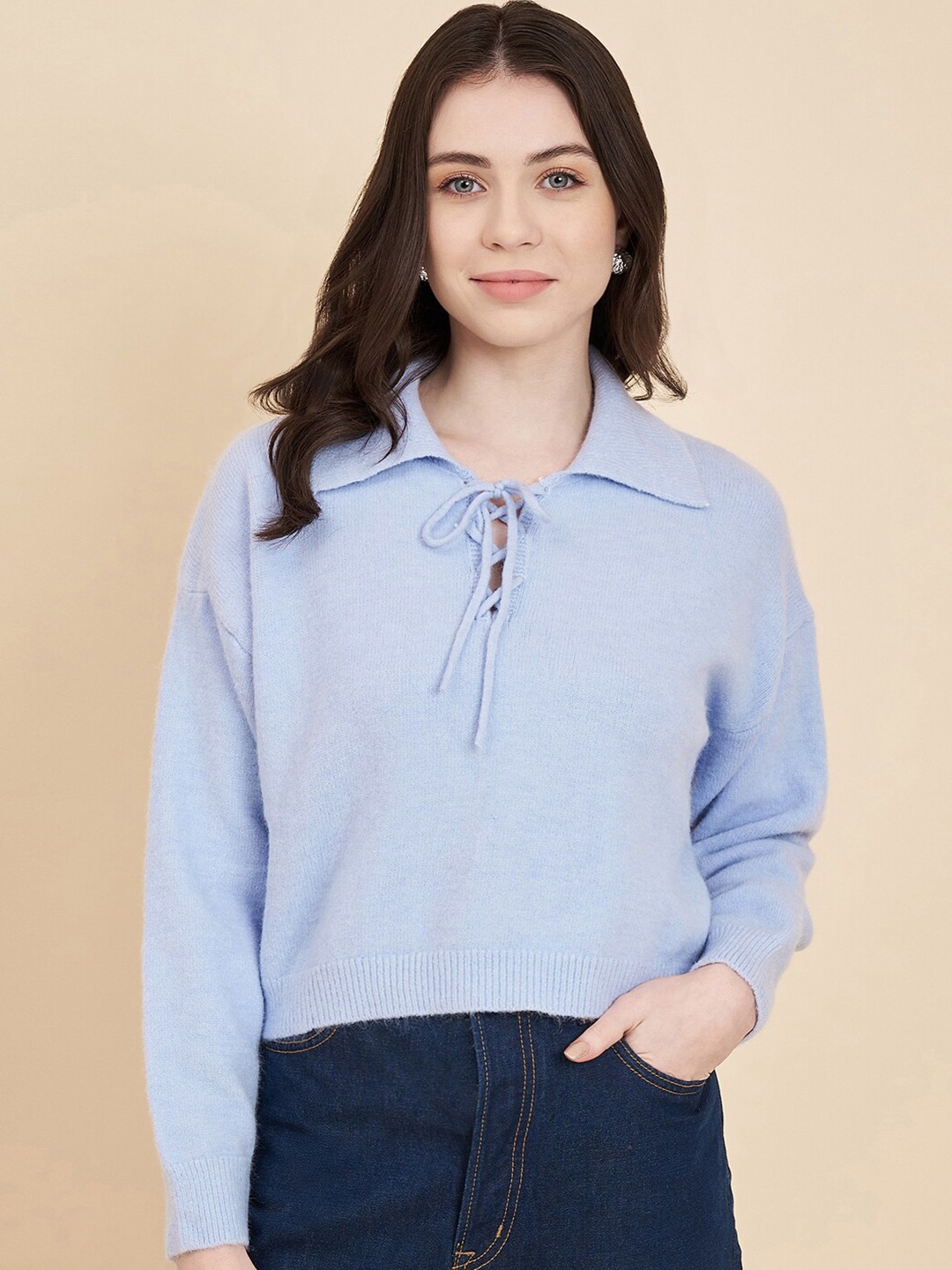 

Chemistry Shirt Collar Drop Shoulder Sleeves Wool Pullover Sweater, Blue