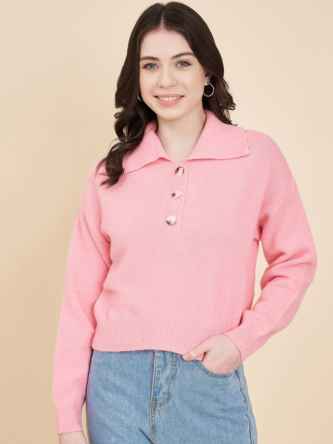 

Chemistry Shirt Collar Drop Shoulder Sleeves Wool Pullover Sweater, Pink