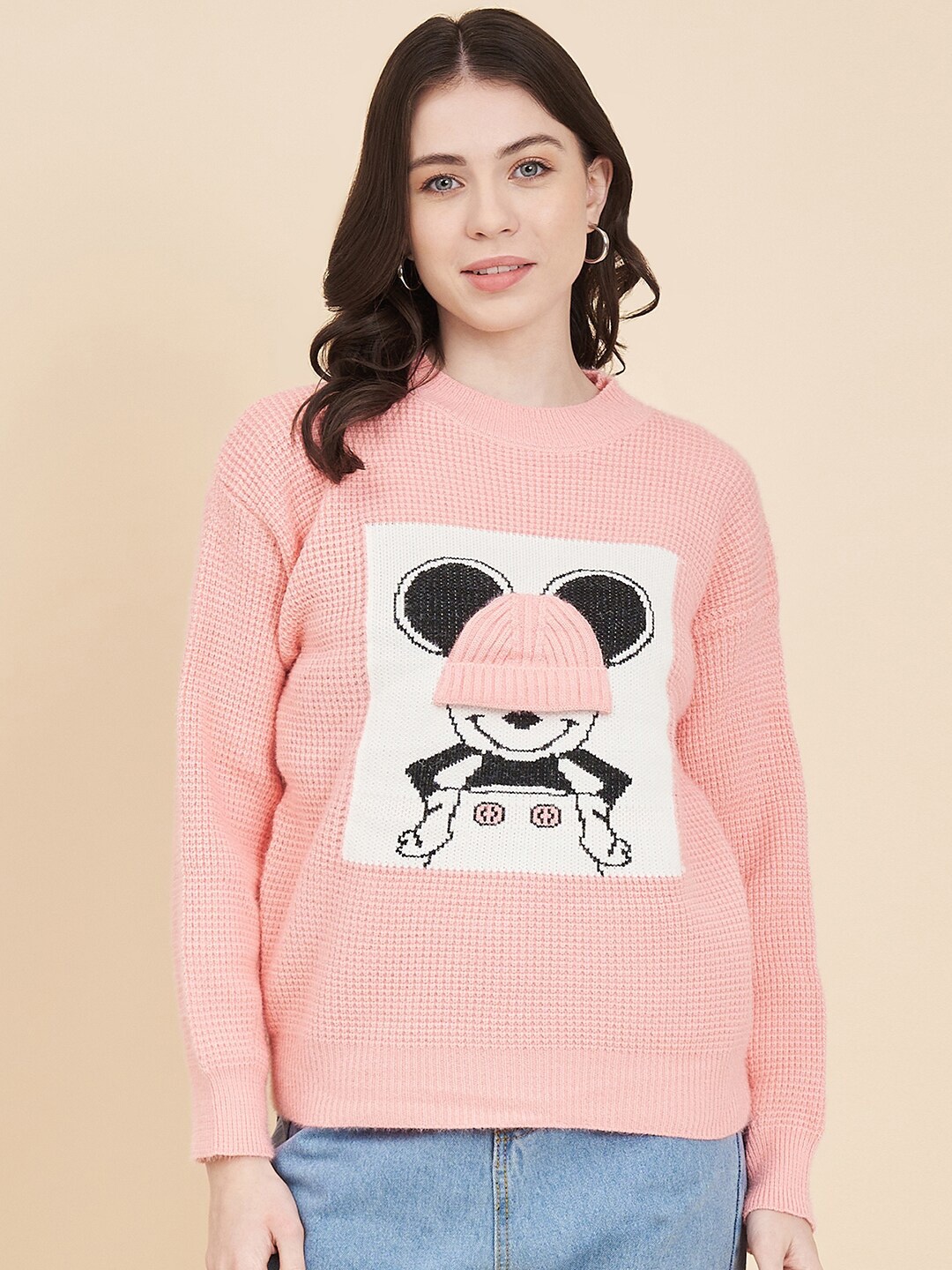 

Chemistry Mickey Mouse Printed Drop Shoulder Sleeves Wool Pullover Sweater, Pink