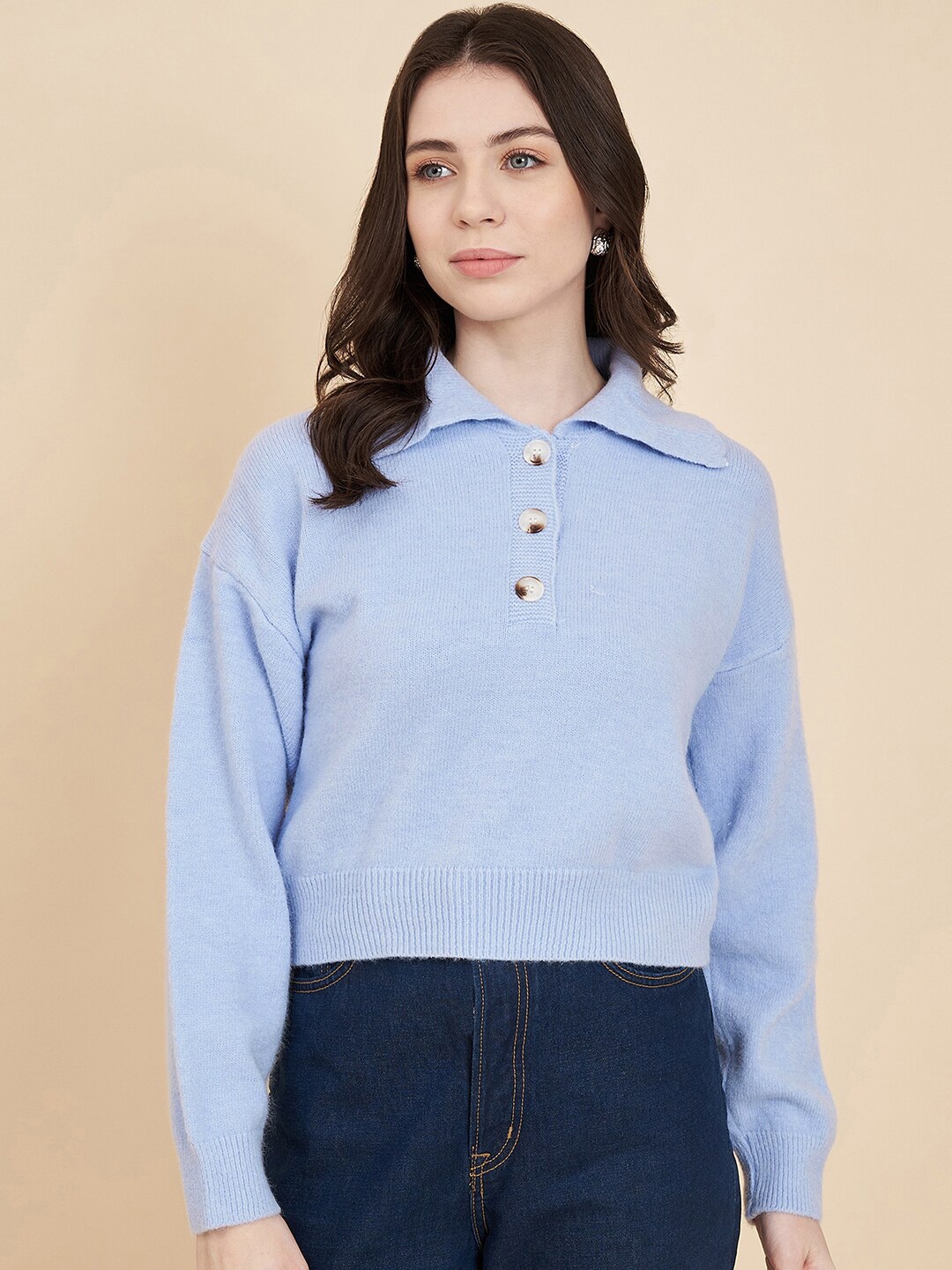 

Chemistry Shirt Collar Drop Shoulder Sleeves Wool Pullover Sweater, Blue