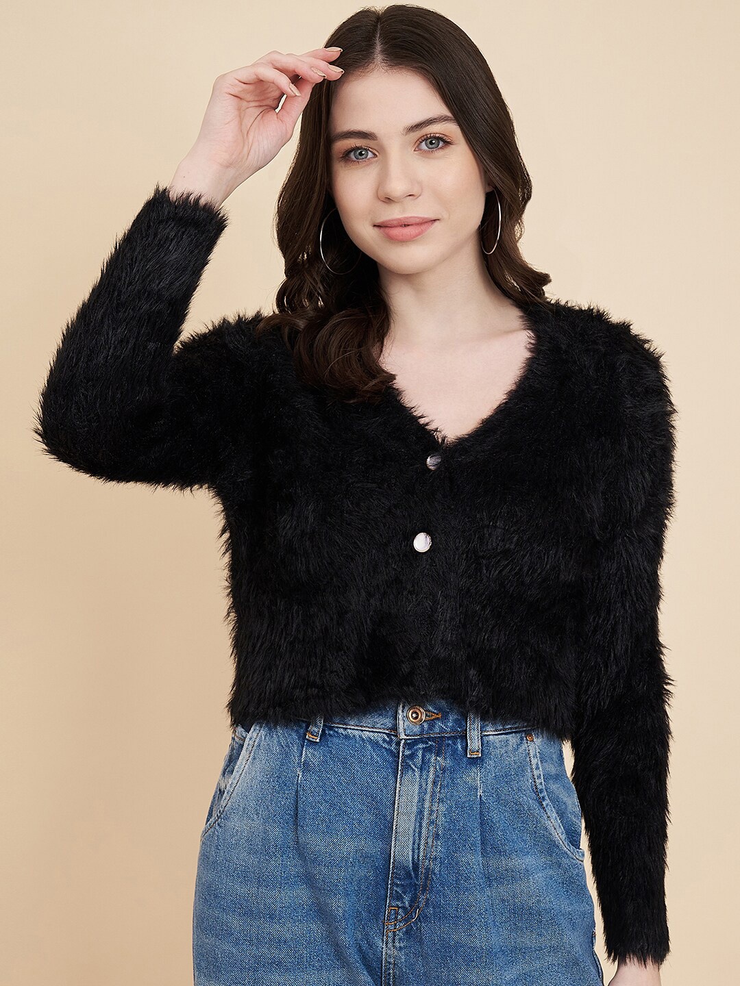 

Chemistry Self Design Woollen Crop Front-Open Sweaters, Black