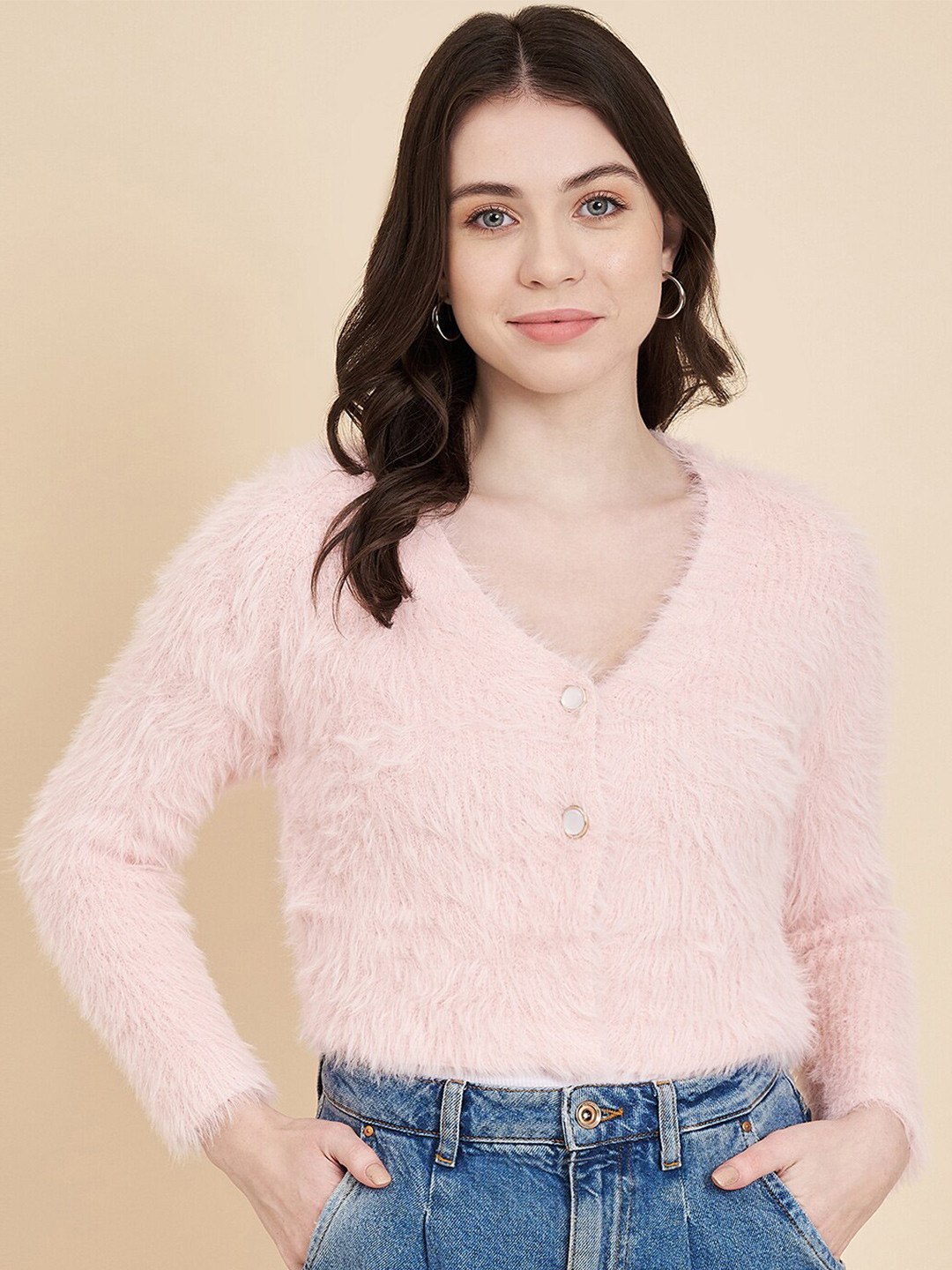 

Chemistry V-Neck Fuzzy Woollen Cardigan, Pink