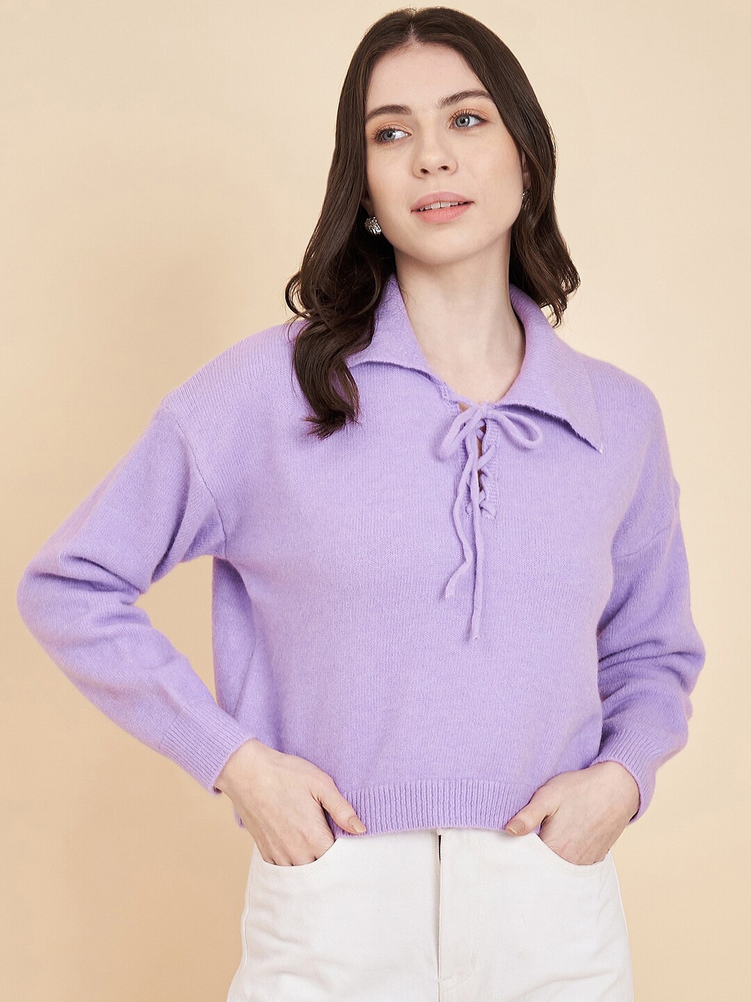 

Chemistry Shirt Collar Tie Up Detail Woollen Pullover, Lavender