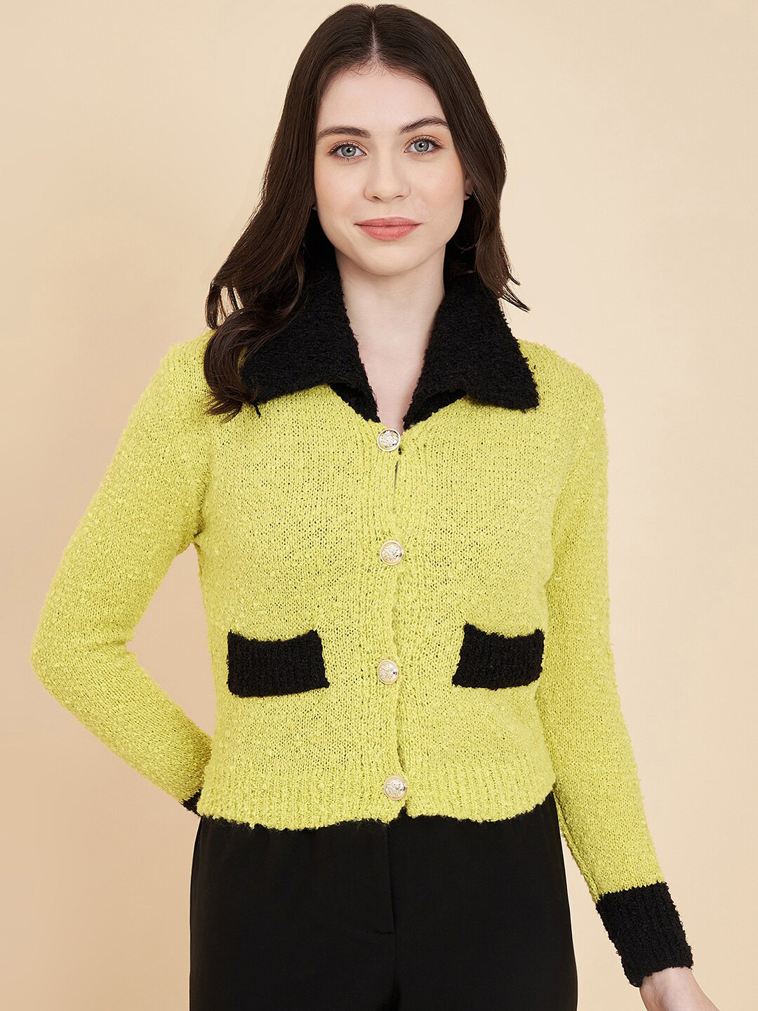 

Chemistry Self Designed Lapel Collar Woollen Cardigan, Green