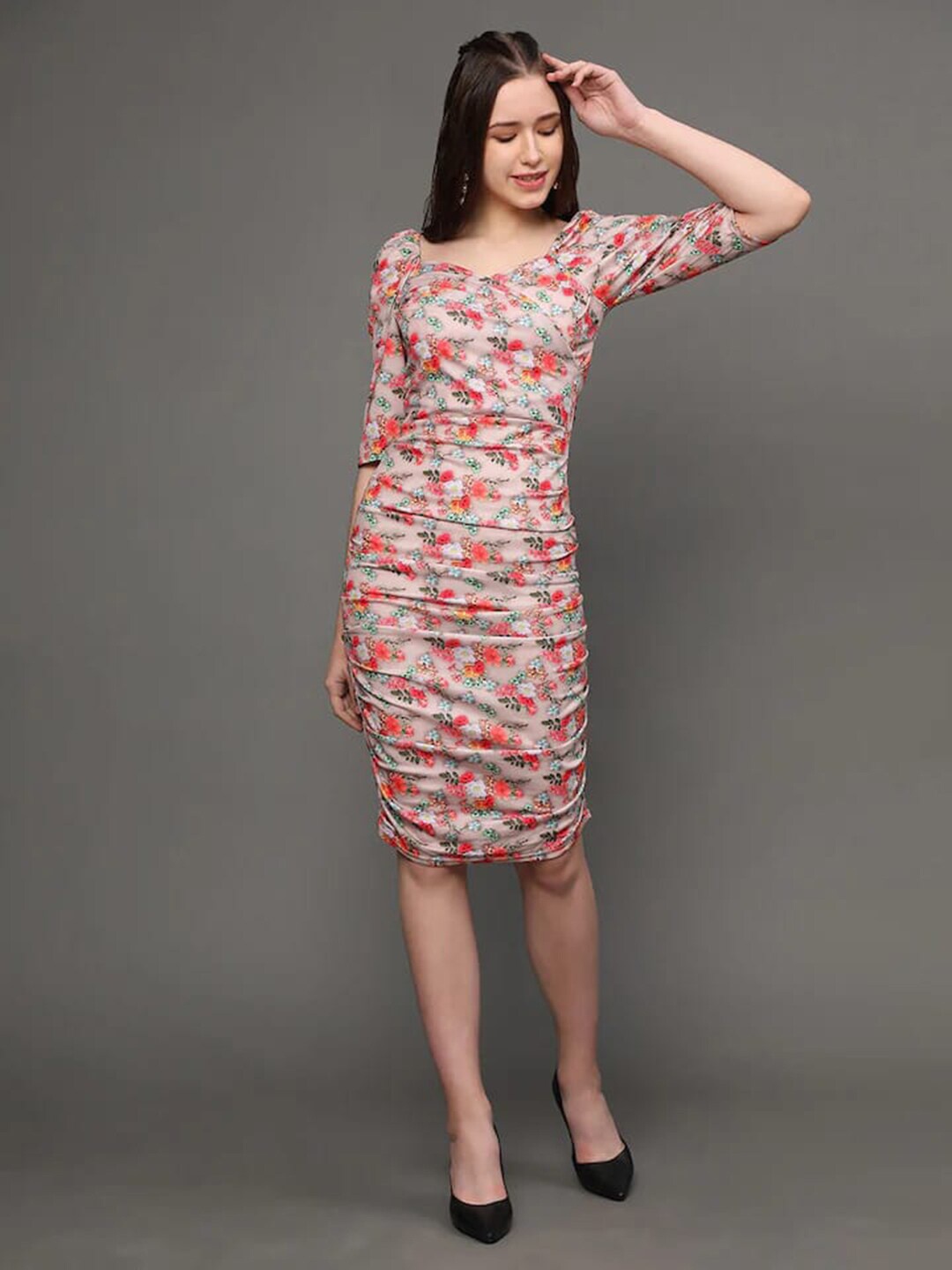 

Selvia Floral Printed Sweetheart Neck Puff Sleeve Gathered Ruched Sheath Dress, Beige