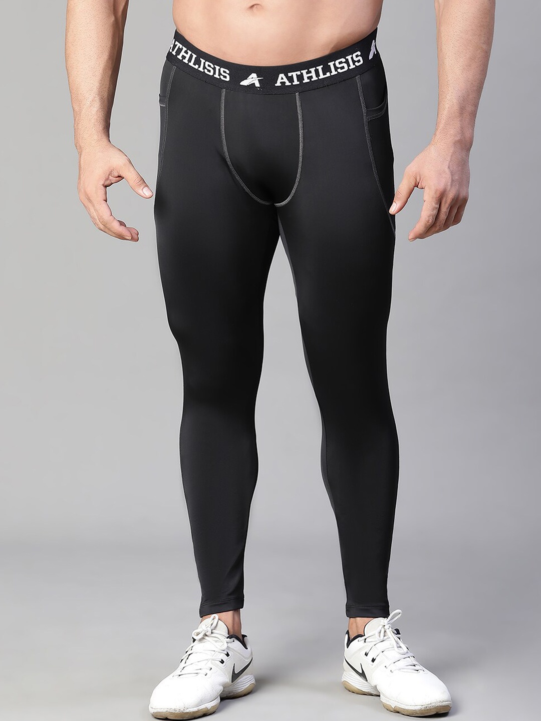 

ATHLISIS Men Mid-Rise Anti Odour Training or Gym Tights, Black