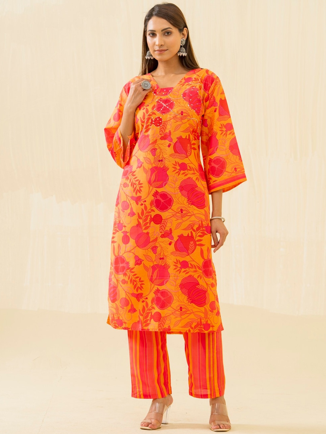 

Sangria Yellow Floral Printed Sequinned Square Neck Flared Sleeves Kurta With Trousers