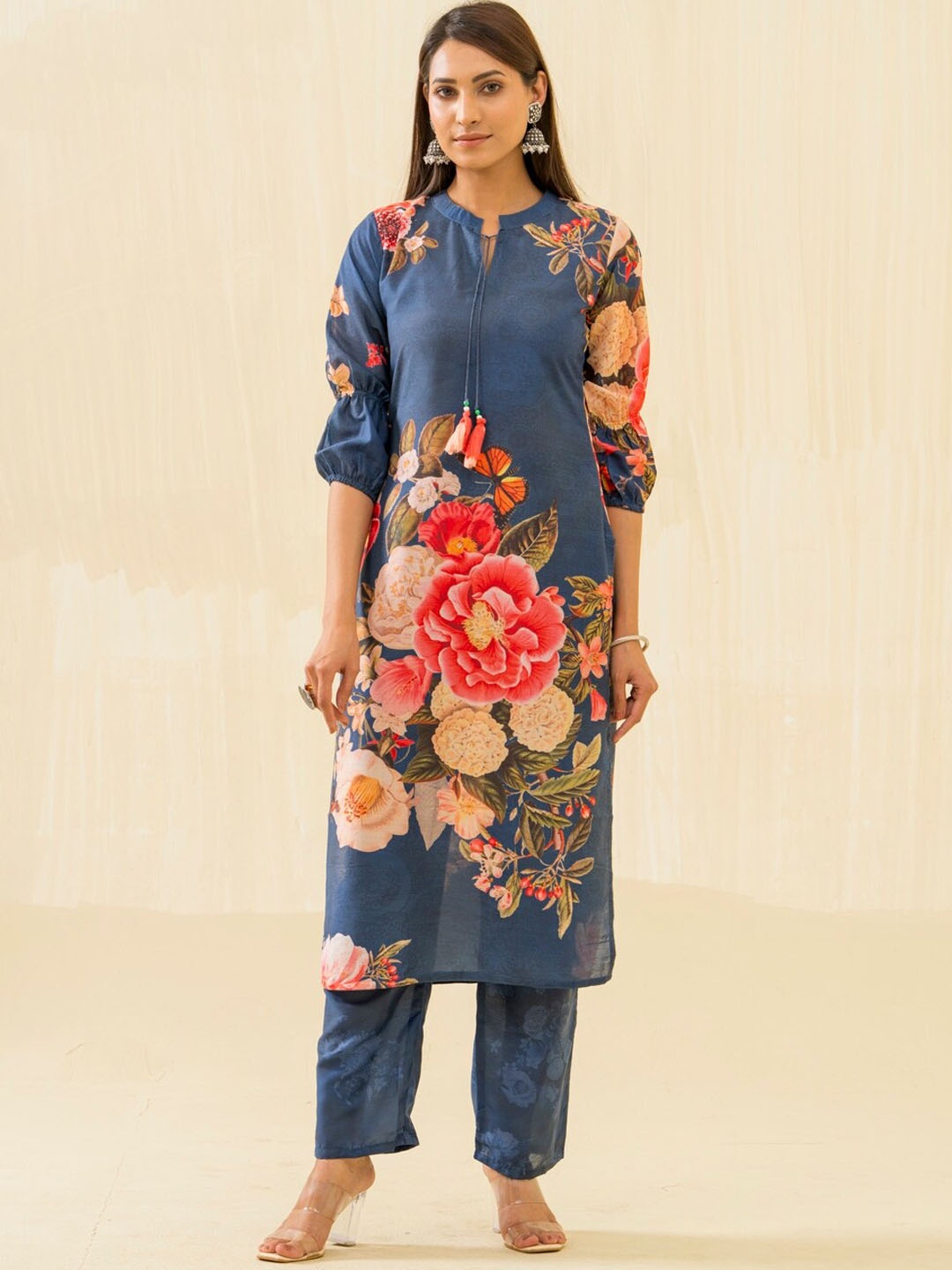 

Sangria Navy Blue Floral Printed Tie-Up Neck Straight Kurta & Trousers