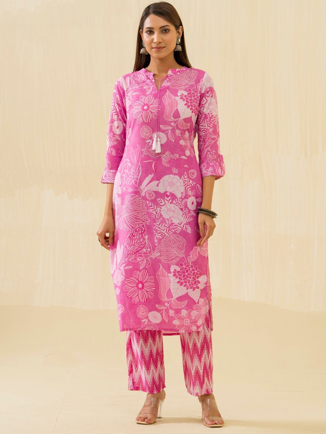 Sangria Pink Floral Printed Straight Kurta With Trouser