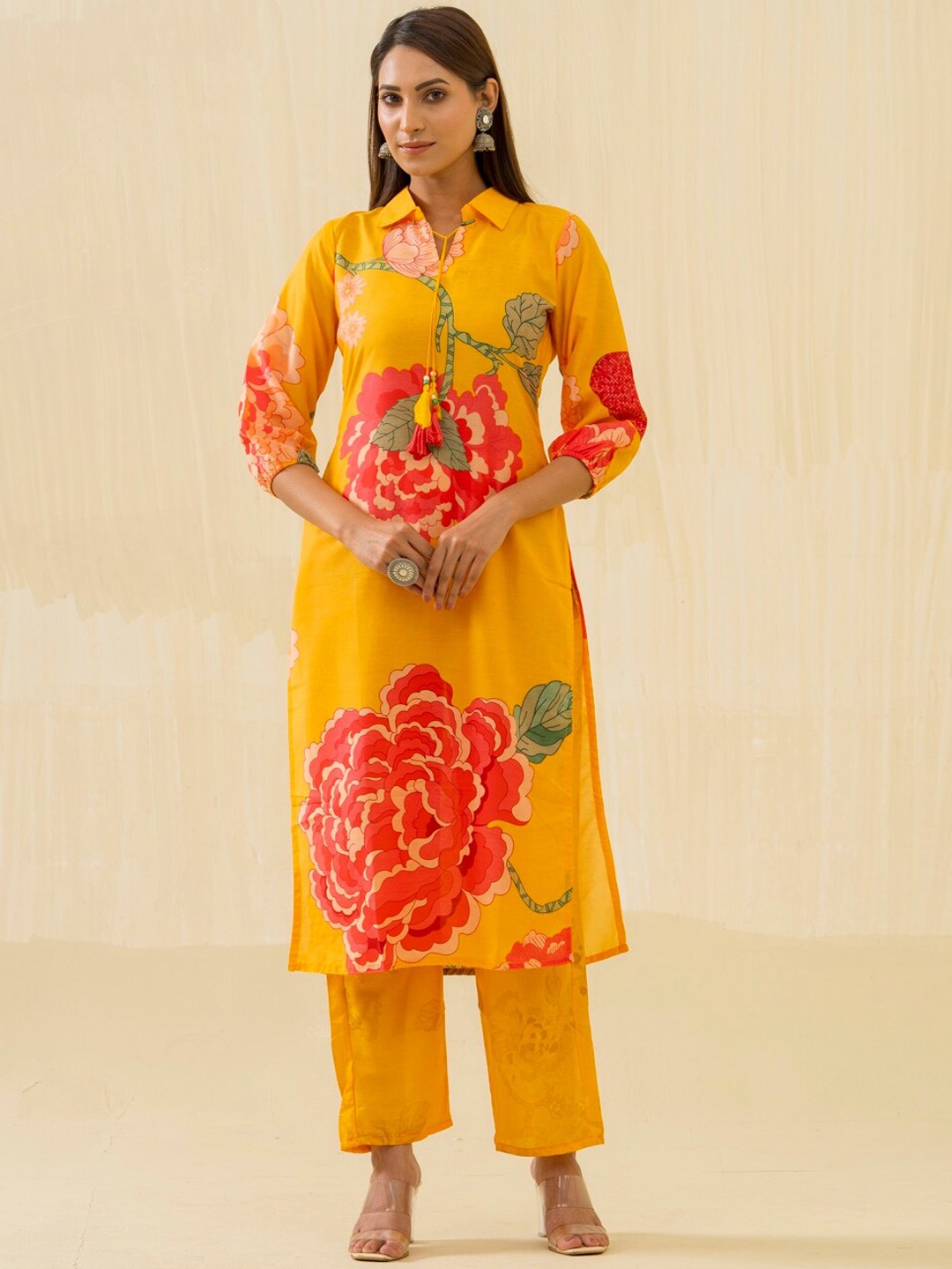 Sangria Yellow Floral Printed Shirt Collar Straight Kurta & Trouser