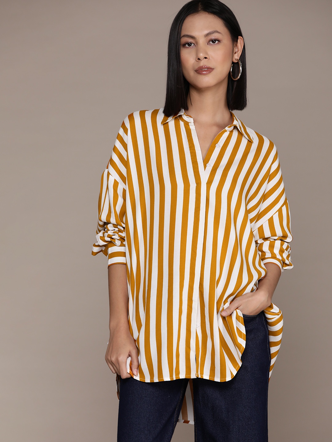

Roadster Women Classic Tailored Fit Striped Casual Shirt, Mustard