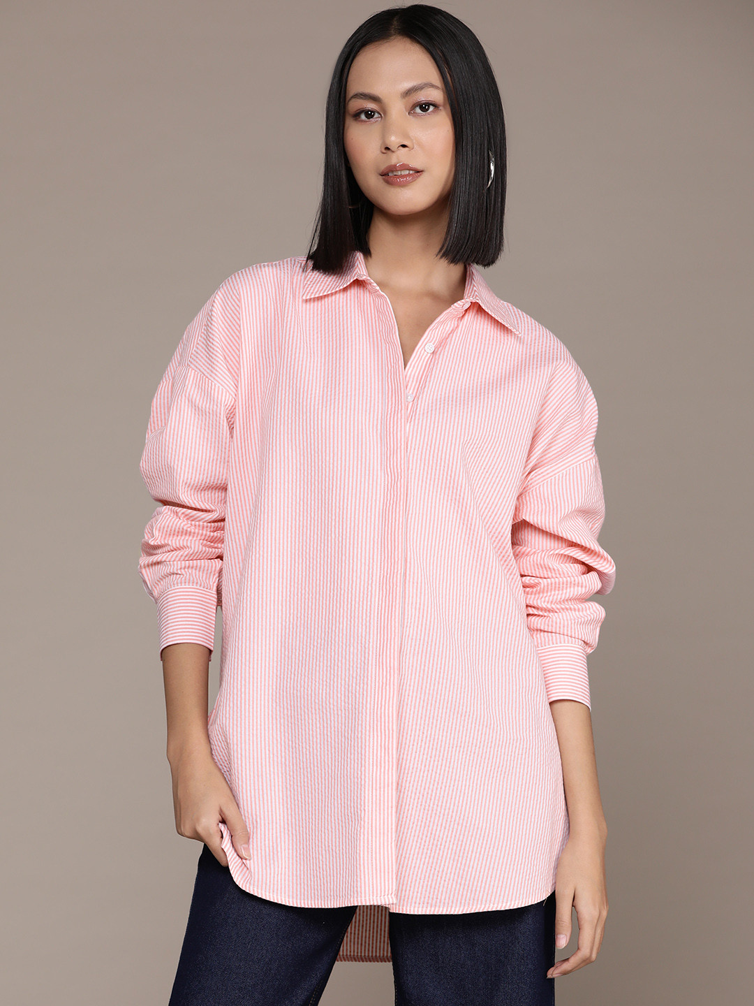 

Roadster Women Classic Tailored Fit Striped Casual Shirt, Pink