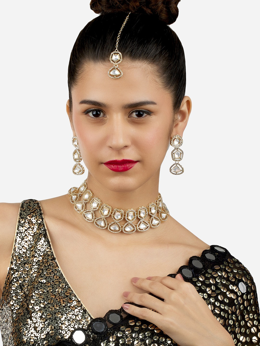

Zaveri Pearls Gold-Plated American Diamond-Studded Necklace And Earrings With Maang Tika