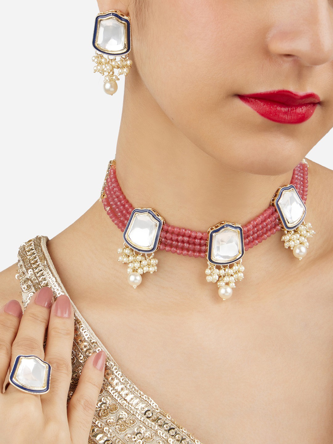 

Zaveri Pearls Gold-Plated Studded & Beaded Jewellery Set