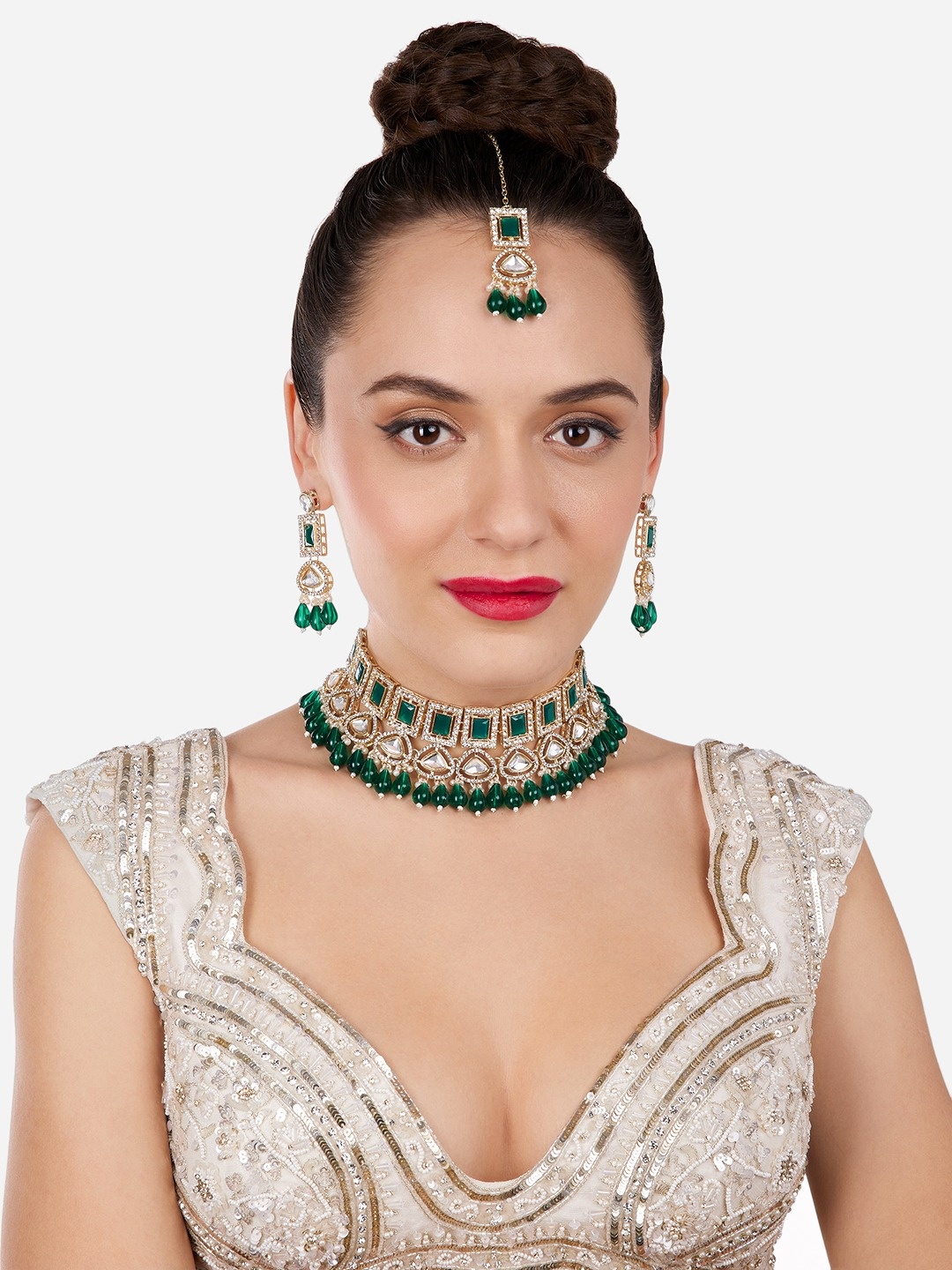 

Zaveri Pearls Gold-Plated American Diamond Studded & Beads Beaded Jewellery Set