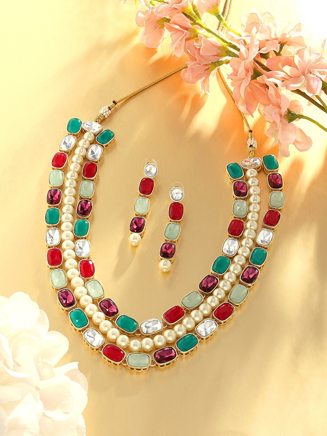 

Zaveri Pearls Gold-Plated Stones Studded & Pearls Beaded Layered Necklace With Earrings