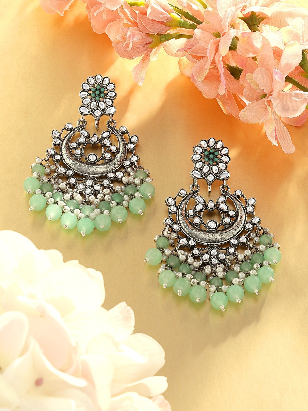 

Zaveri Pearls Gold-Plated Kundan Studded Chandbalis Earrings, Green