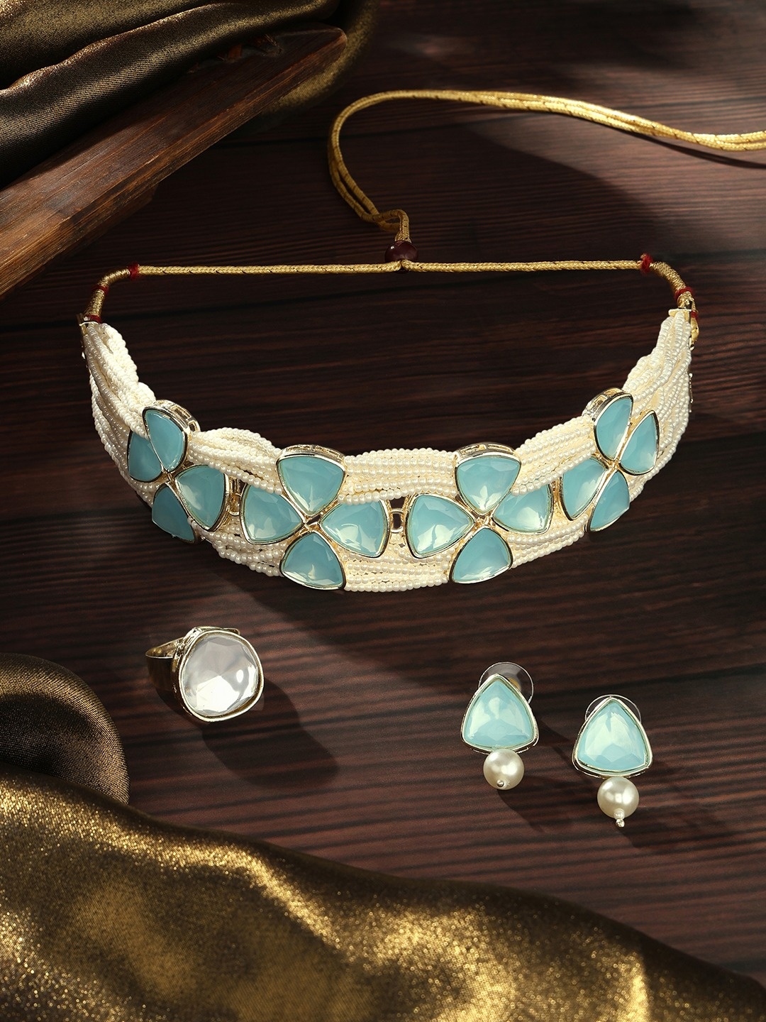 

Zaveri Pearls Gold-Plated Stones Studded & Beaded Necklace With Earrings & Finger Ring