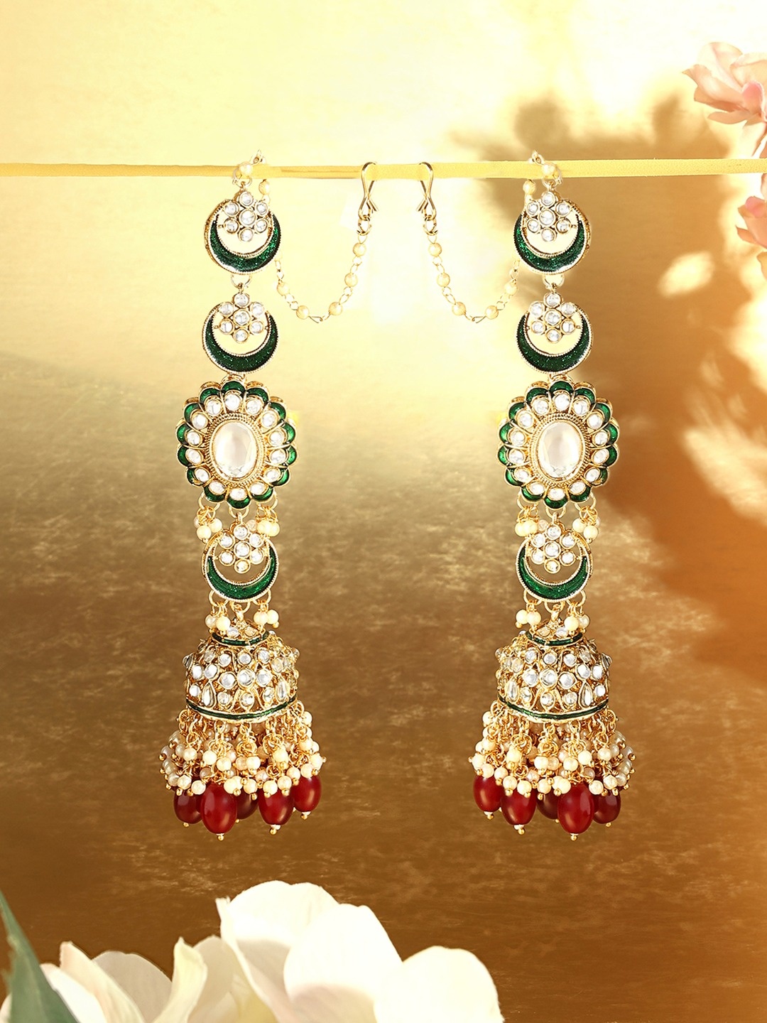 

Zaveri Pearls Gold-Plated Kundan Studded Jhumkas, Red