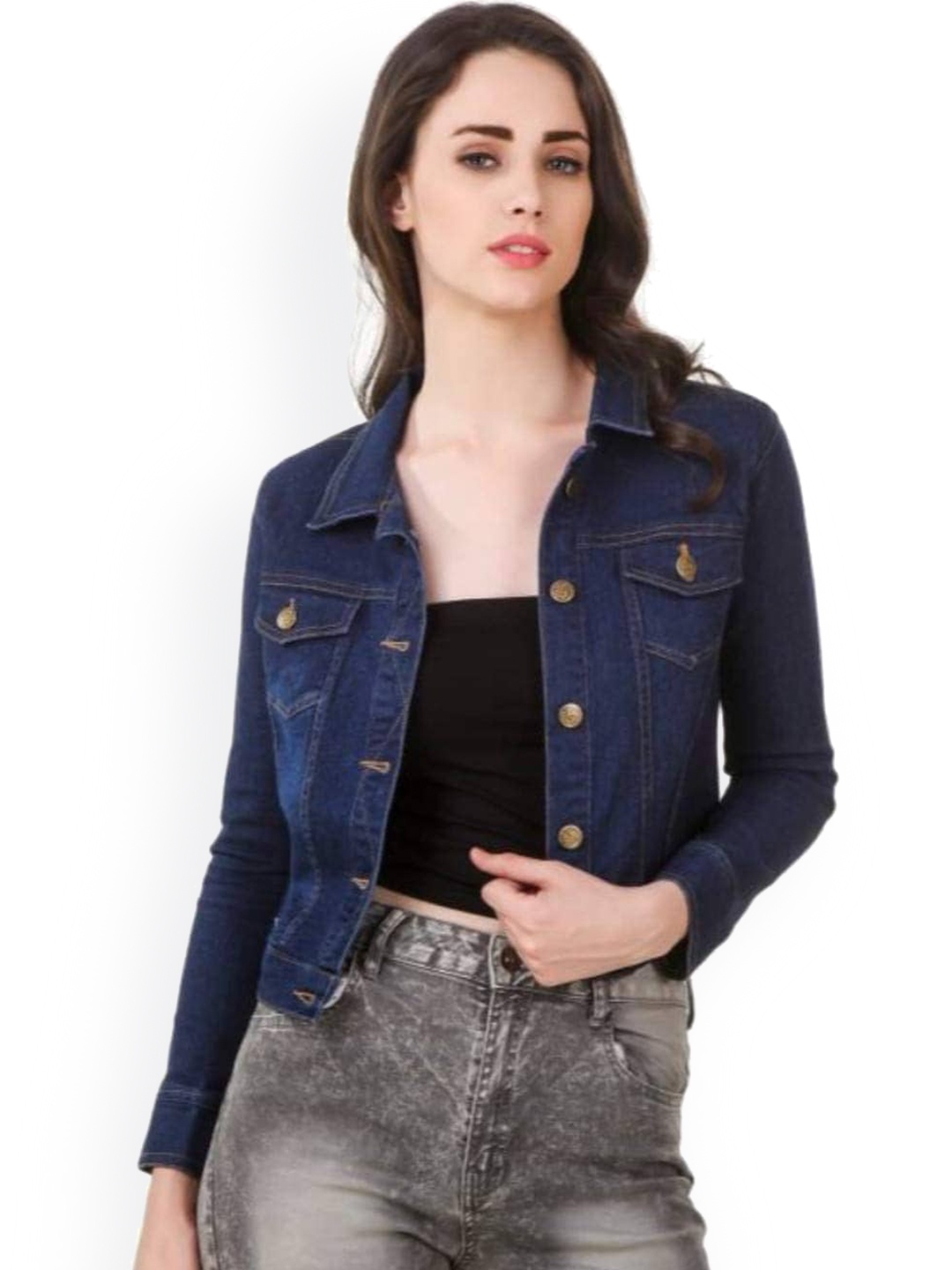 

BAESD Spread Collar Long Sleeves Crop Denim Jacket, Blue