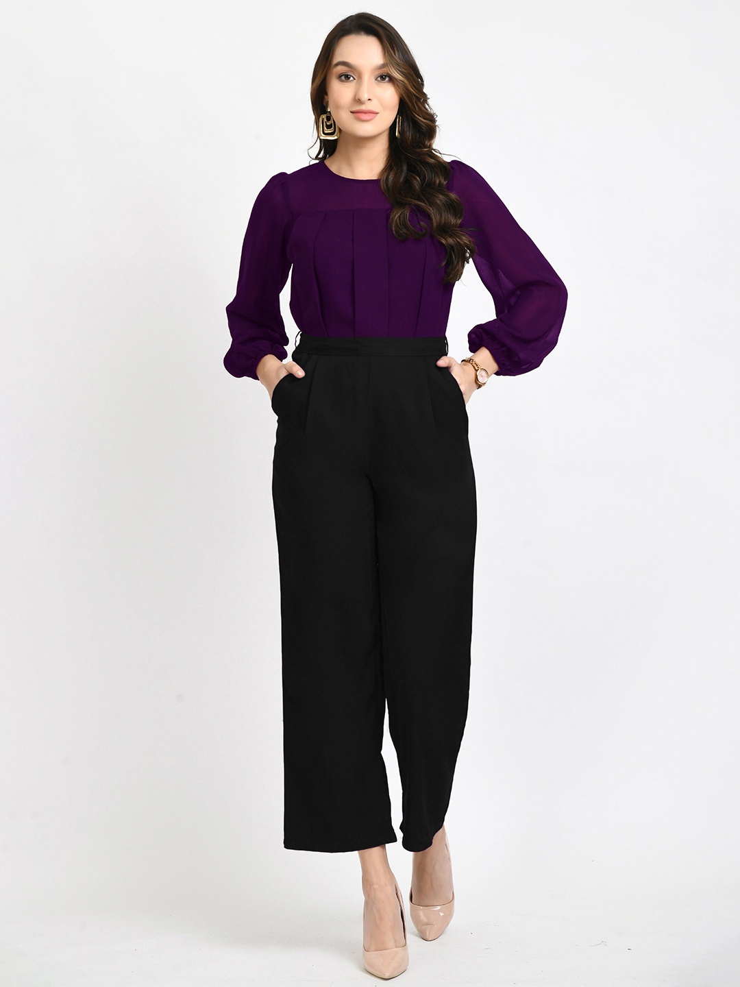V&M Puff Sleeves Pleated Basic Jumpsuit, Purple