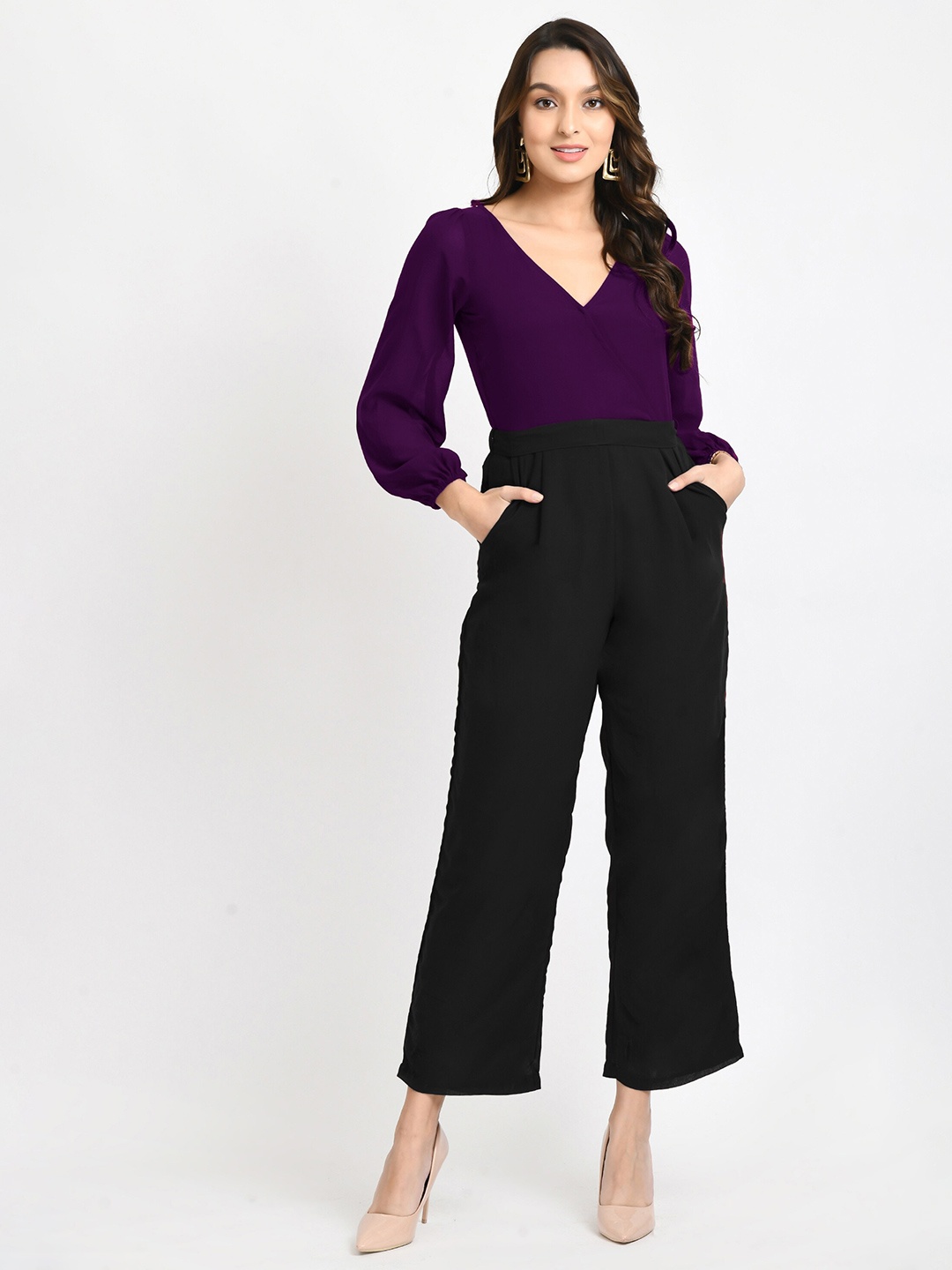 V&M V-Neck Puff Sleeves Pleated Basic Jumpsuit, Purple