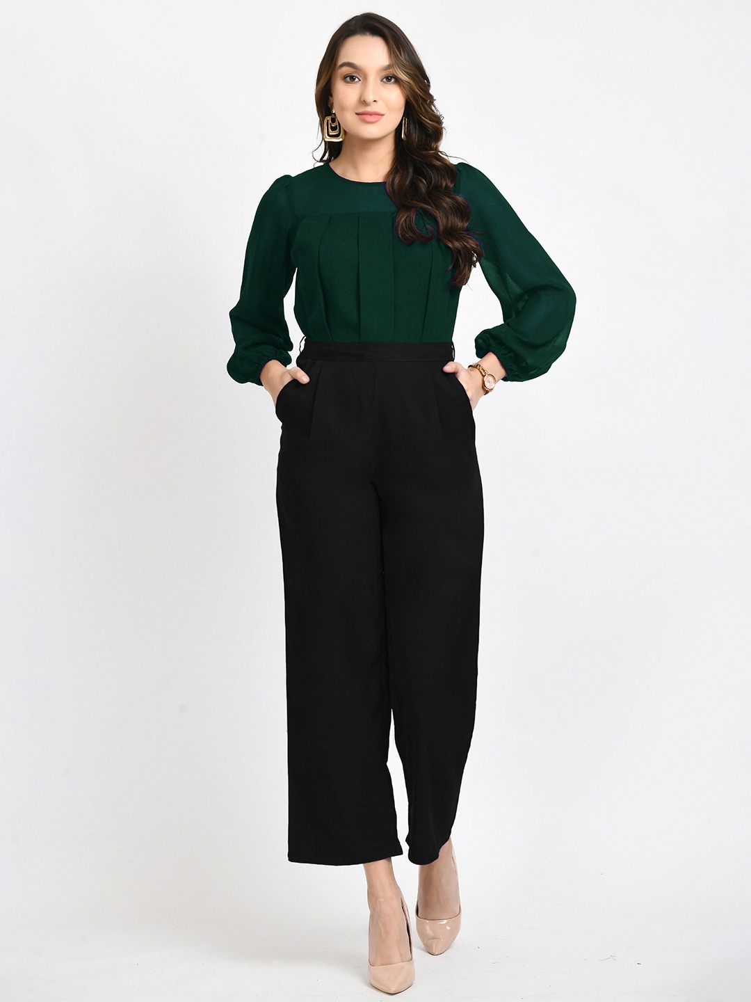 

V&M Puff Sleeves Pleated Basic Jumpsuit, Green