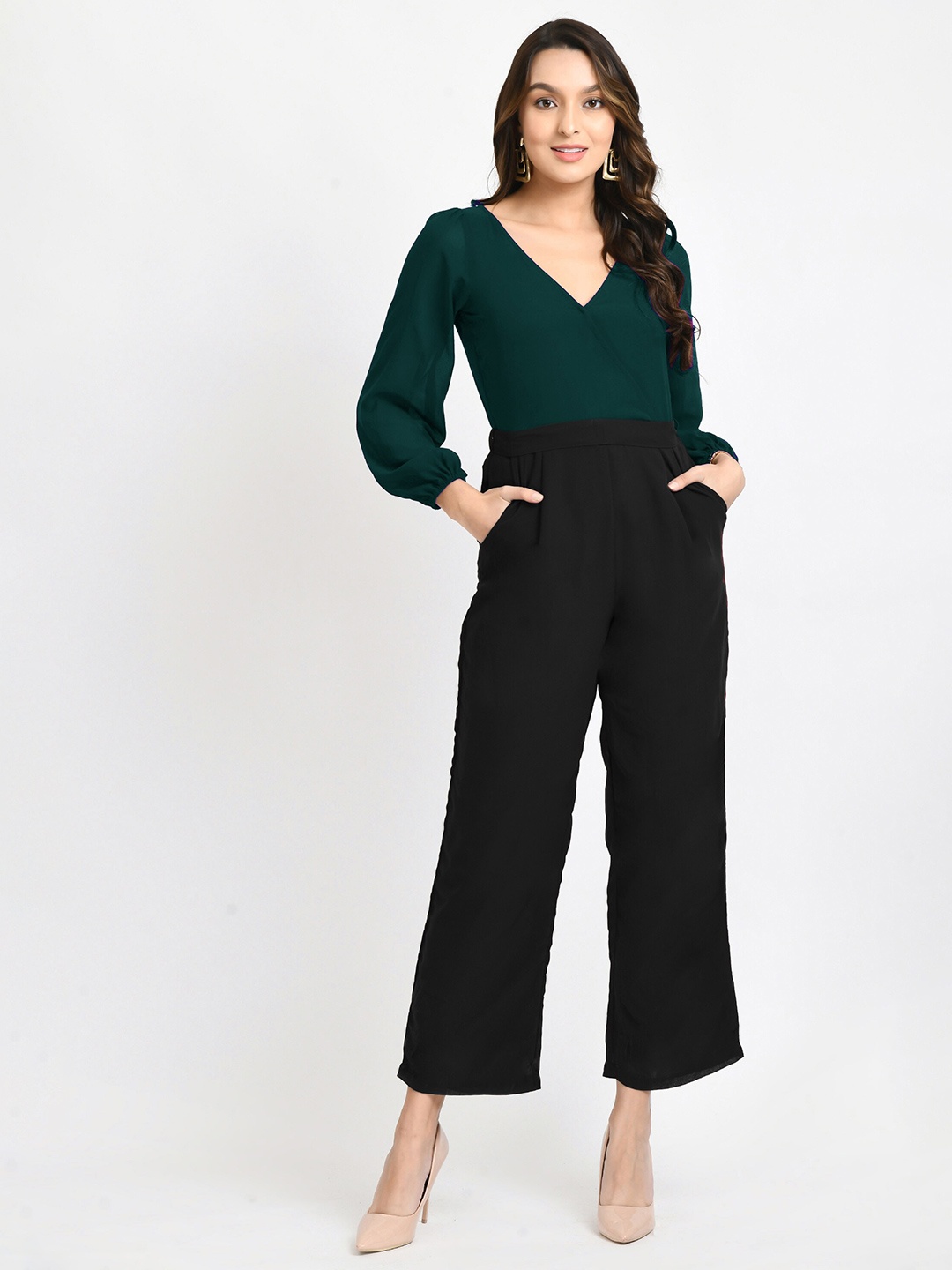 

V&M V-Neck Puff Sleeves Pleated Basic Jumpsuit, Green