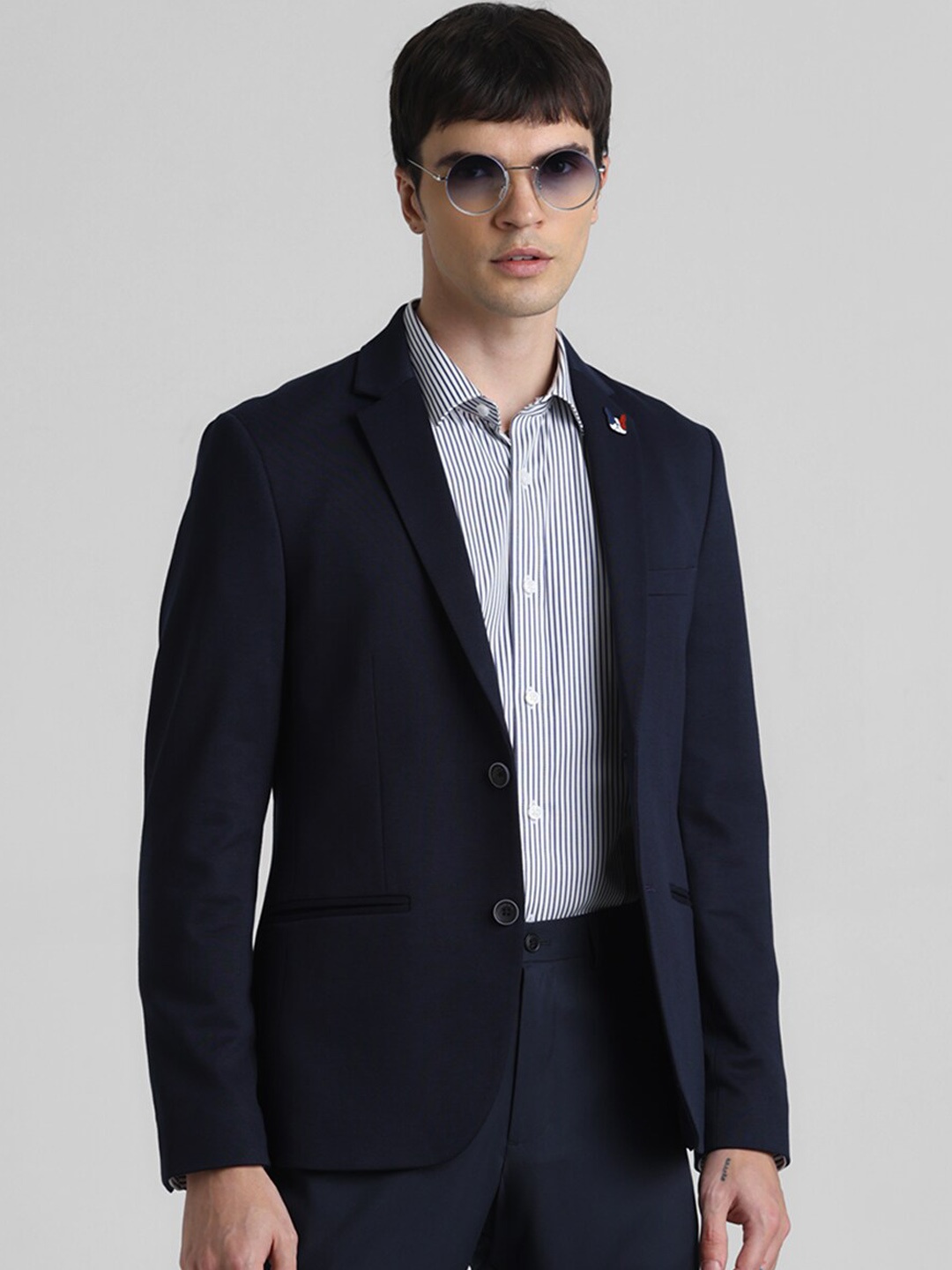

Jack & Jones Notched Lapel Collar Single-Breasted Slim-Fit Blazer, Navy blue