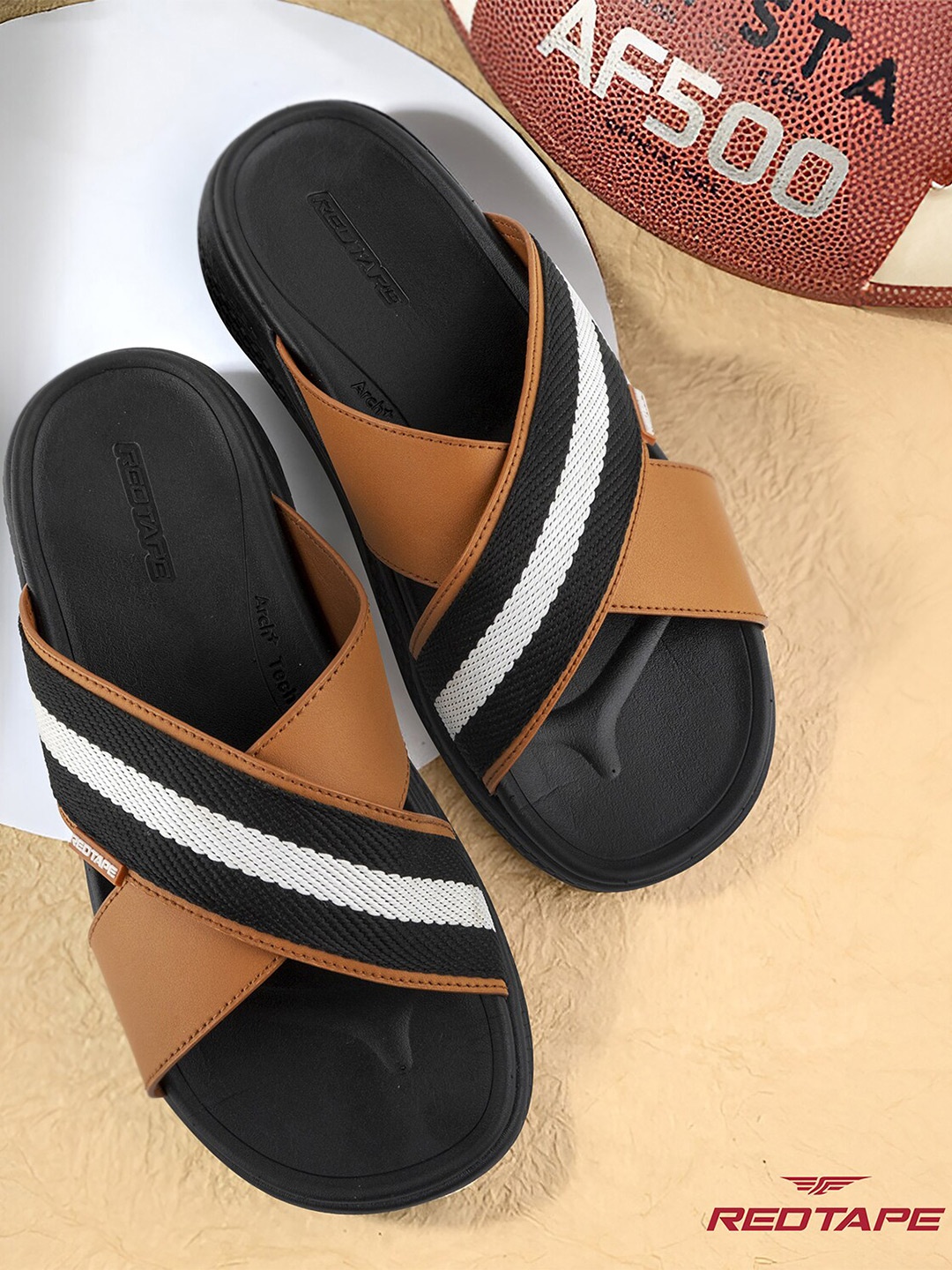 

Red Tape Men Striped Lightweight Rubber Sliders, Tan