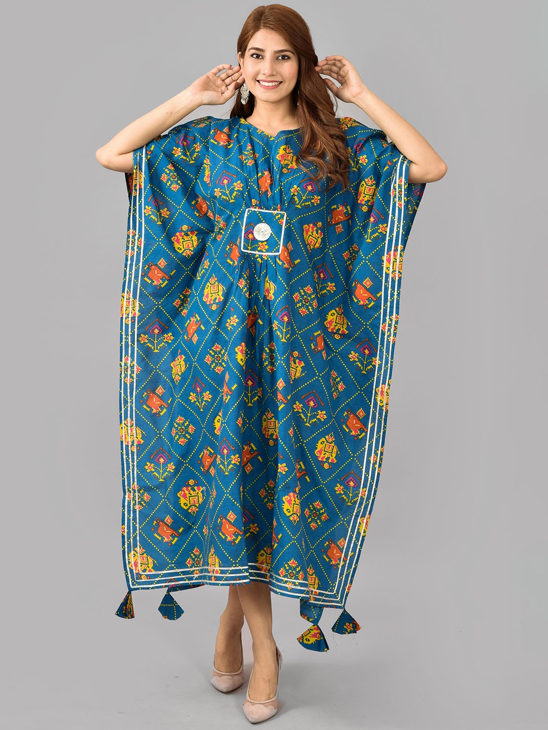 AAYUMI Ethnic Motifs Printed V-Neck Kaftan Kurta, Blue