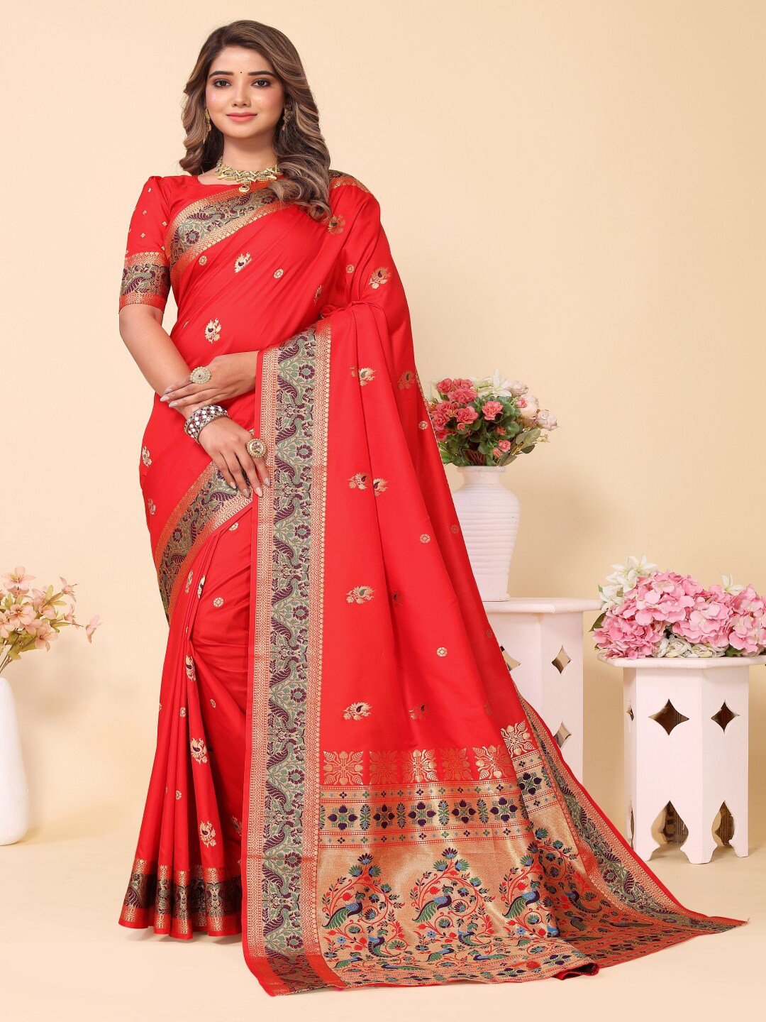 

Paramparik Textile Woven Design Zari Silk Blend Designer Paithani Saree, Red
