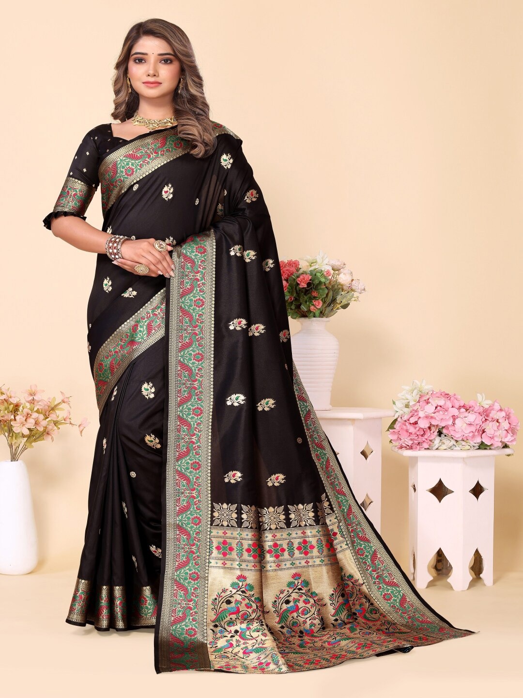 

Paramparik Textile Black Woven Design Zari Silk Blend Designer Paithani Saree