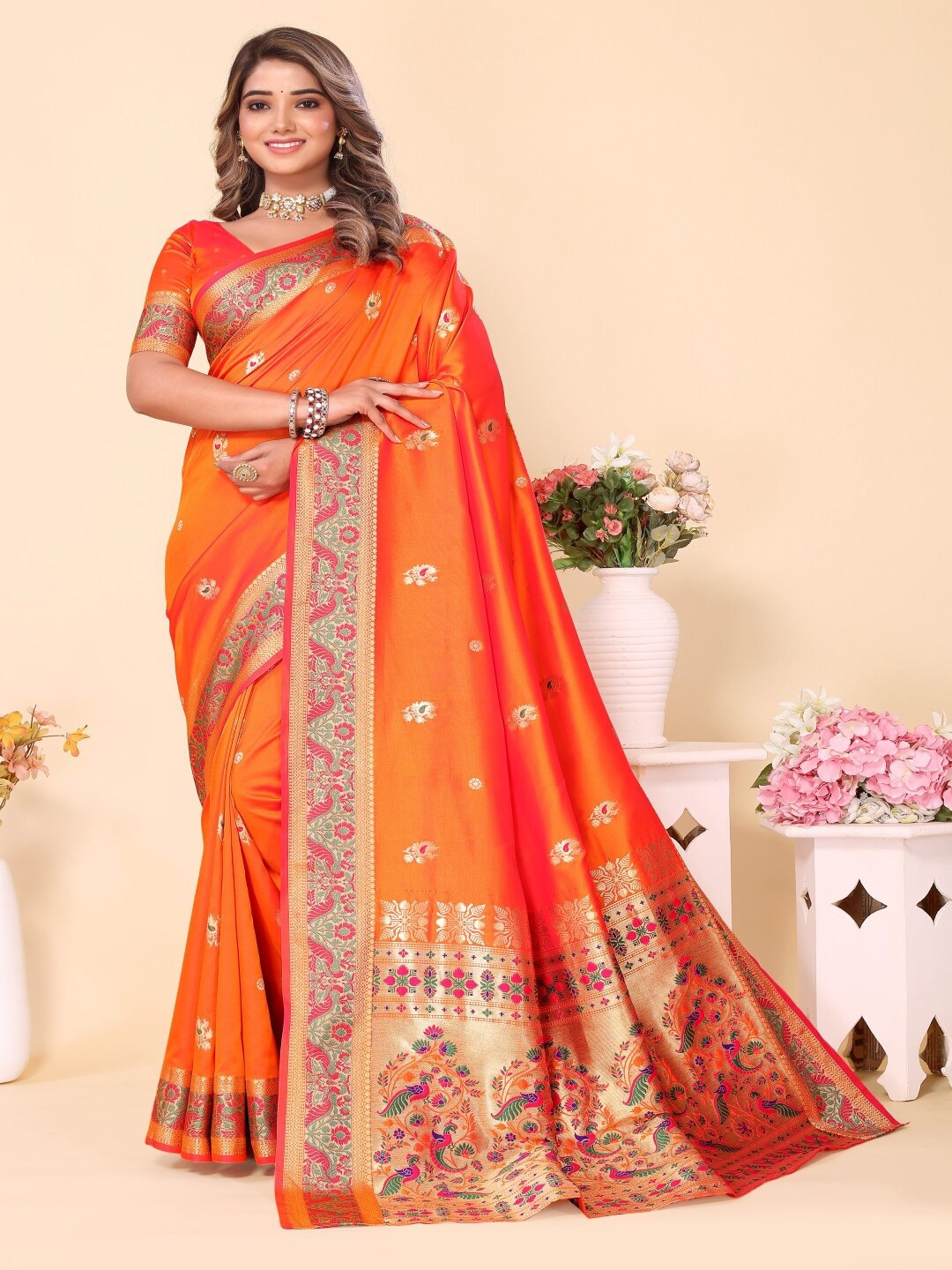 

Paramparik Textile Woven Design Zari Silk Blend Designer Paithani Saree, Orange