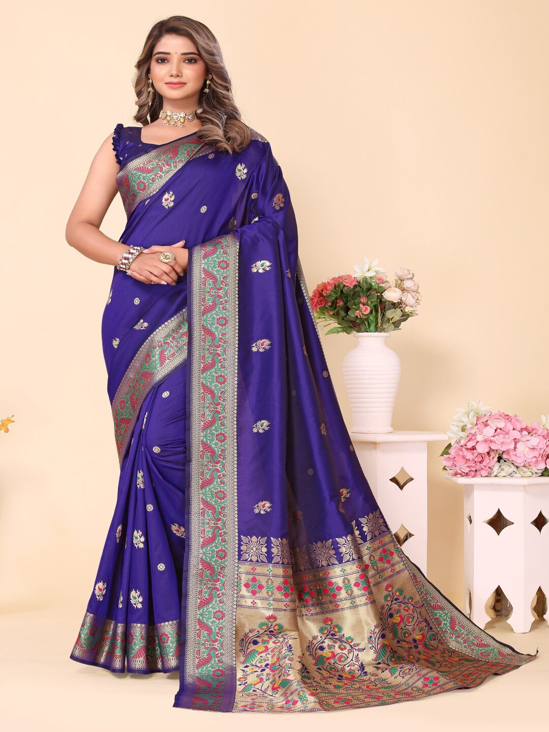 

Paramparik Textile Woven Design Zari Silk Blend Designer Paithani Saree, Blue