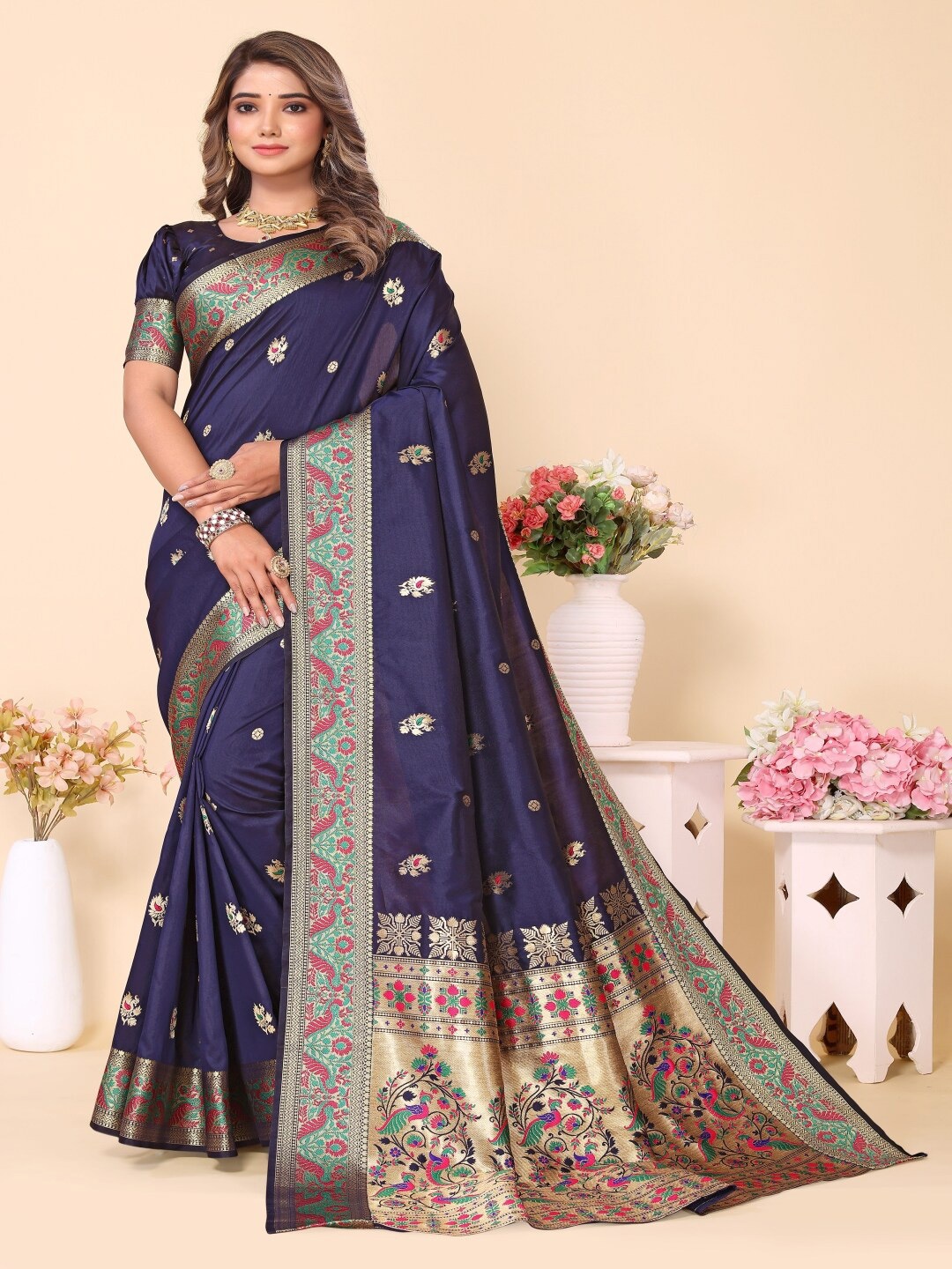 Paramparik Textile Woven Design Zari Silk Blend Designer Paithani Saree, Navy blue