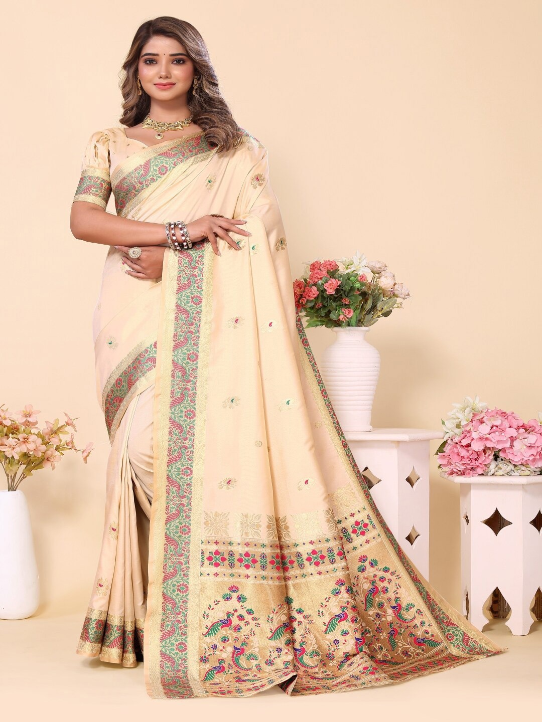 

Paramparik Textile Woven Design Zari Silk Blend Designer Paithani Saree, White