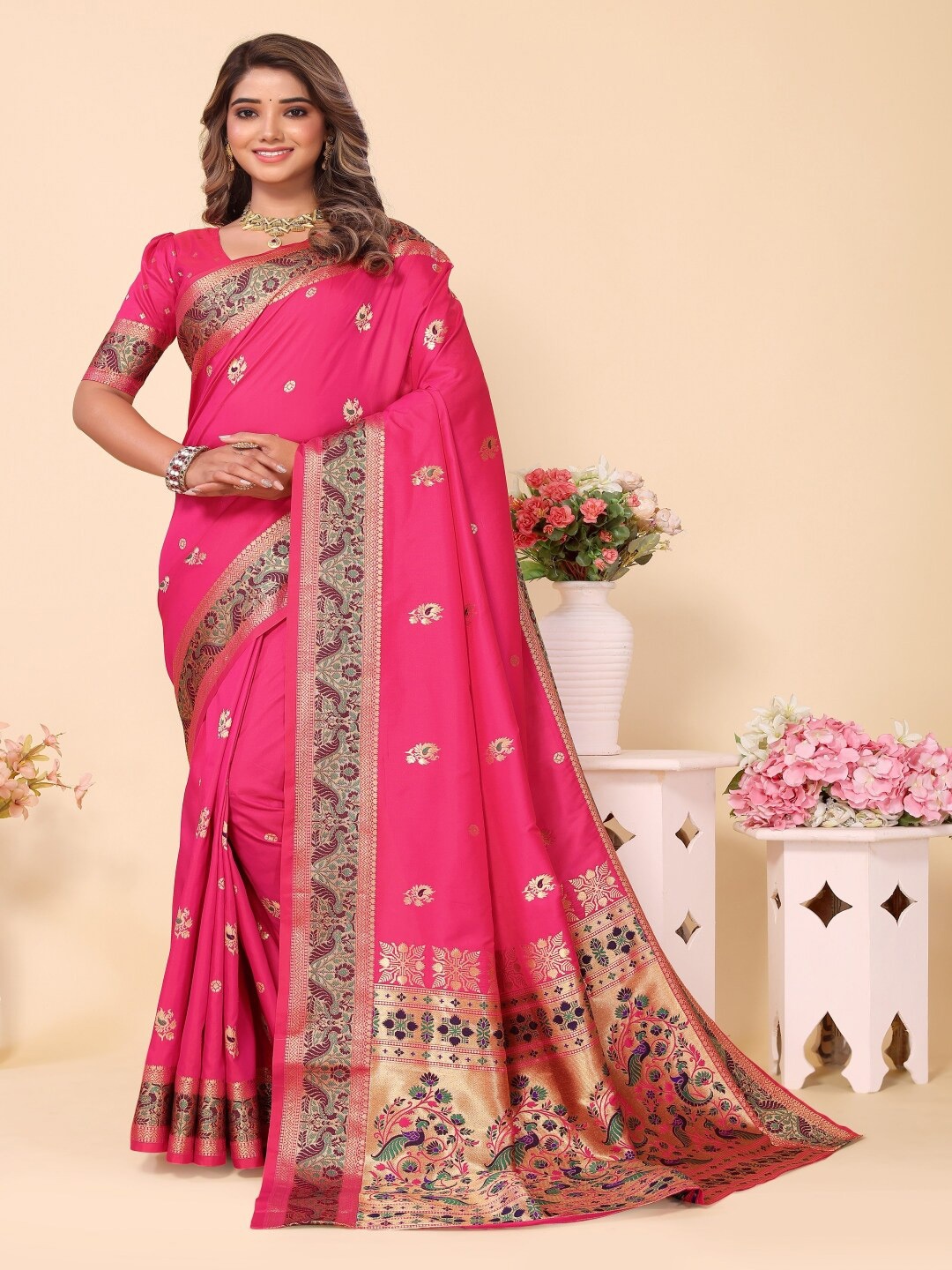 

Paramparik Textile Woven Design Zari Silk Blend Designer Paithani Saree, Pink