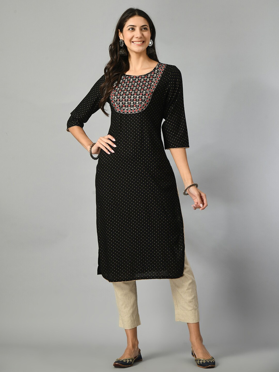 

DOISA Polka Dots Printed Mirror Work Straight Kurta, Black