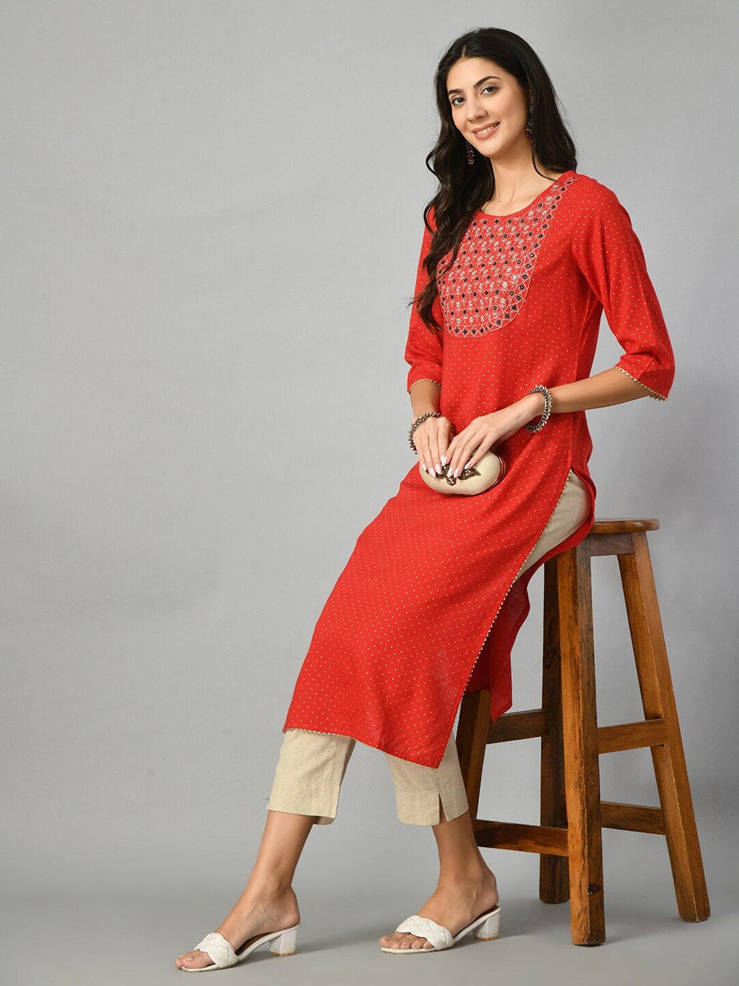 

DOISA Polka Dots Printed Round Neck Mirror Work Straight Kurta, Red