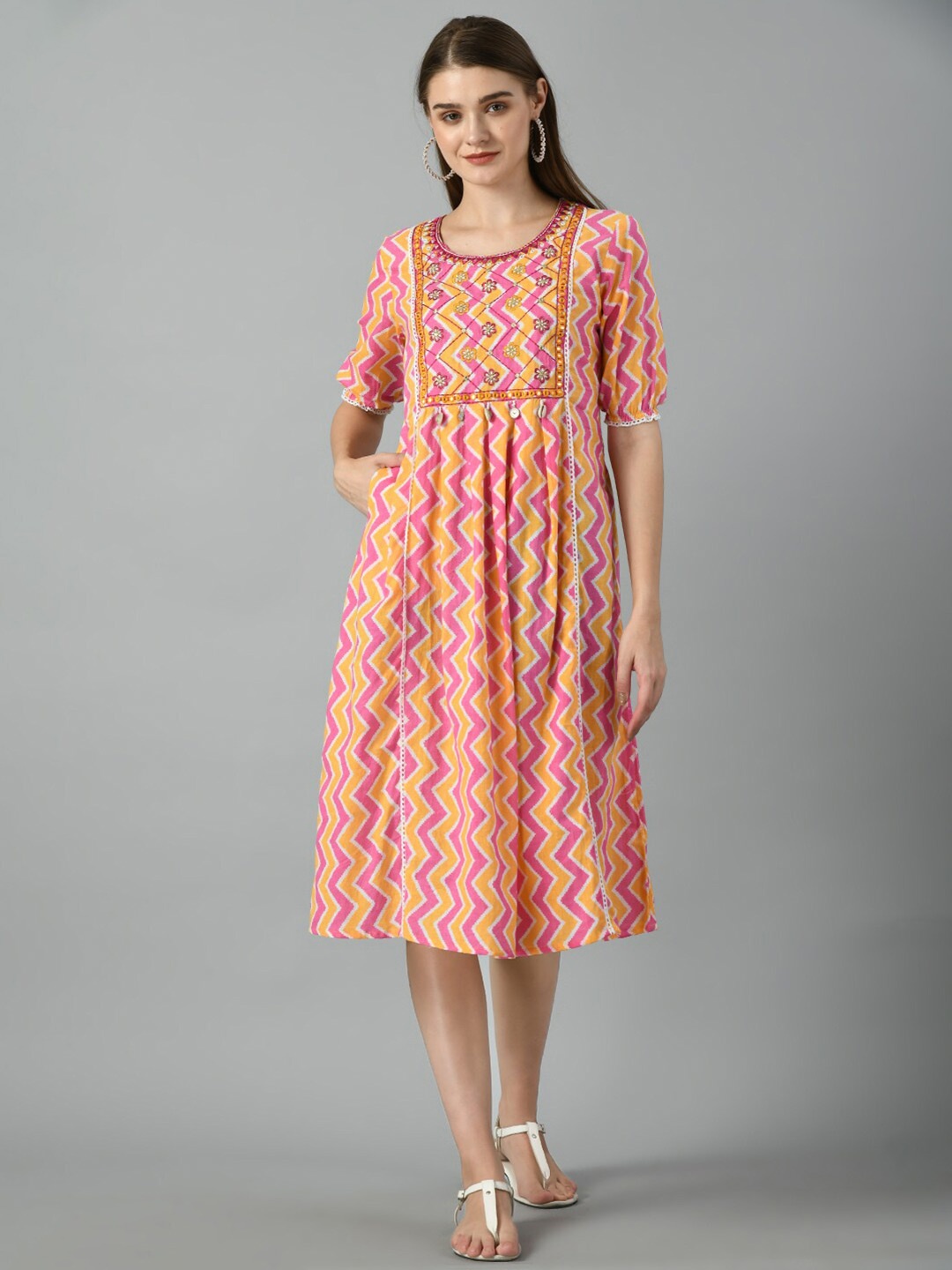 

DOISA Chevron Printed Mirror Work A-Line Midi Dress, Orange