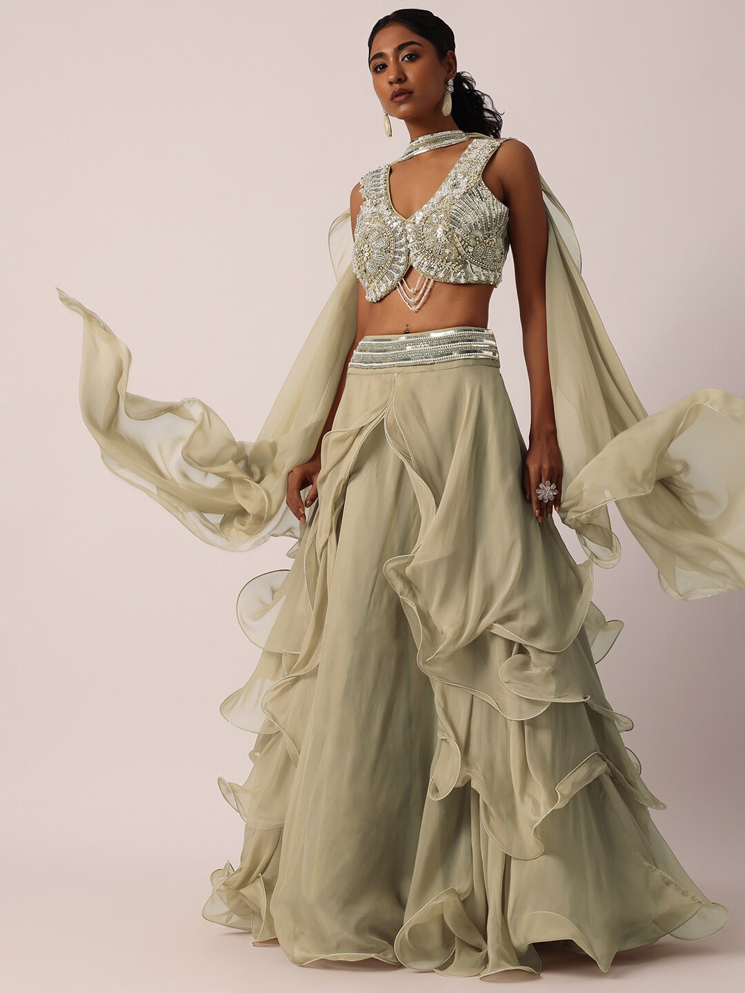 KALKI Fashion Embellished Stones Ready to Wear Ruffled Lehenga & Blouse With Dupatta, Beige