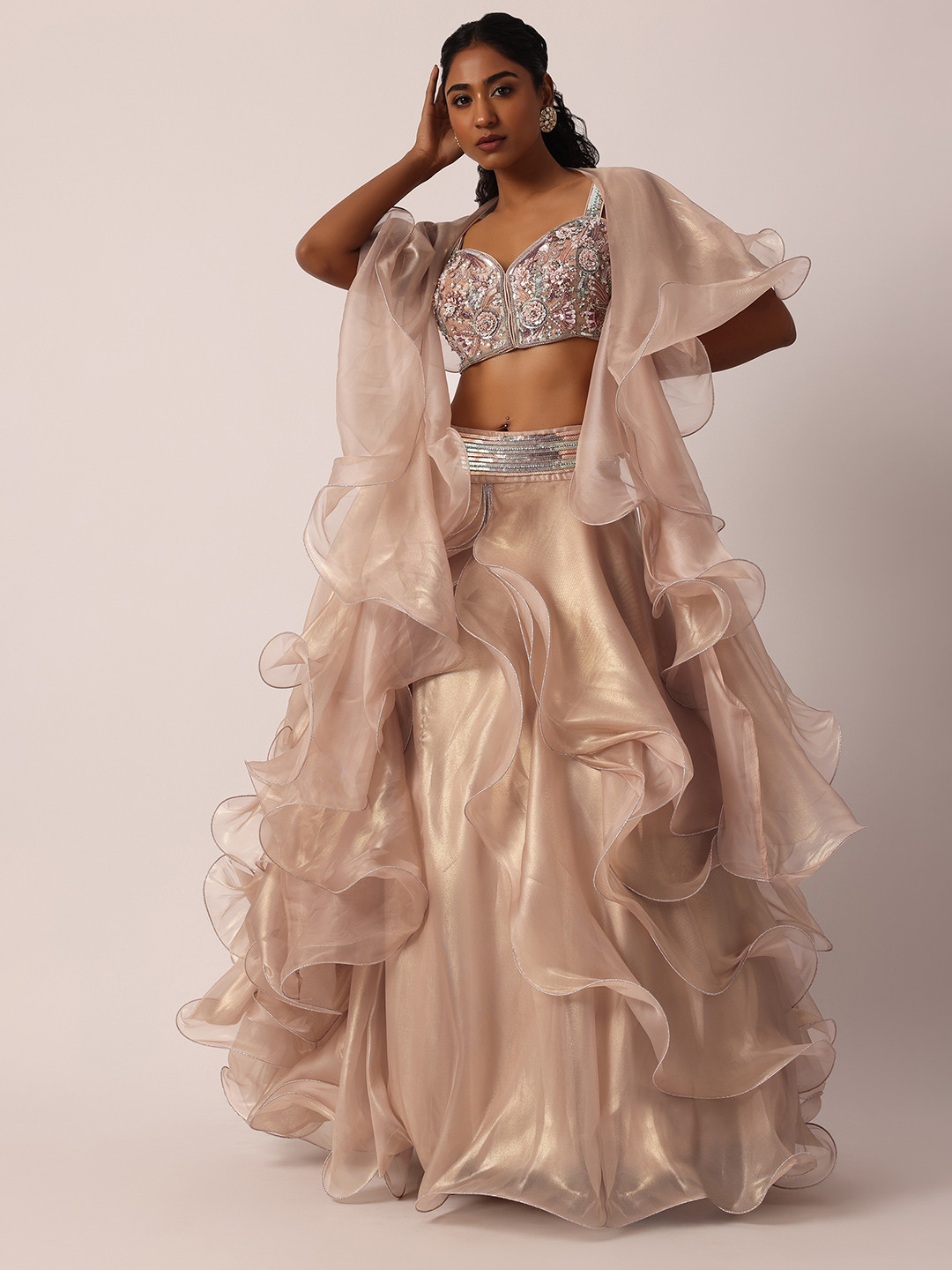 

KALKI Fashion Embroidered Shoulder Straps Ready to Wear Lehenga & Blouse With Dupatta, Beige